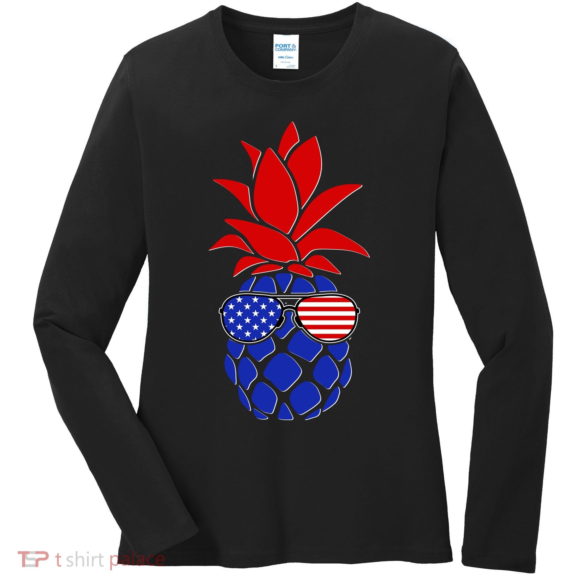 USA American Flag Sunglasses Pineapple Women's Long Sleeve Shirt