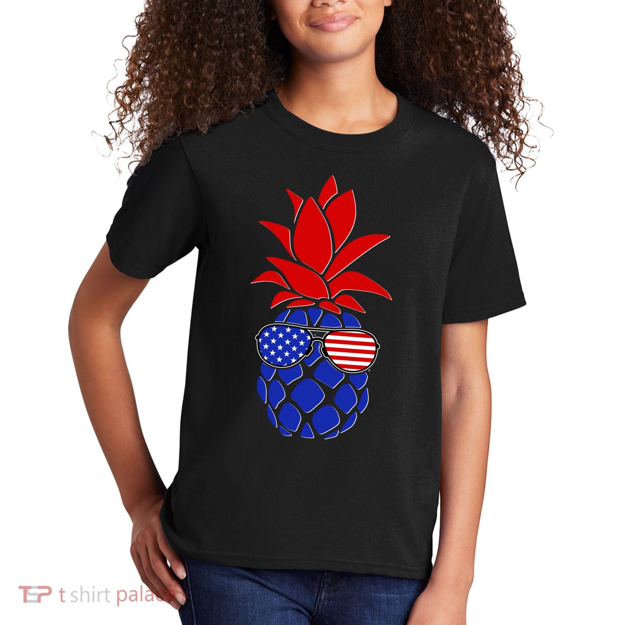 USA American Flag Sunglasses Pineapple Kids T-Shirt