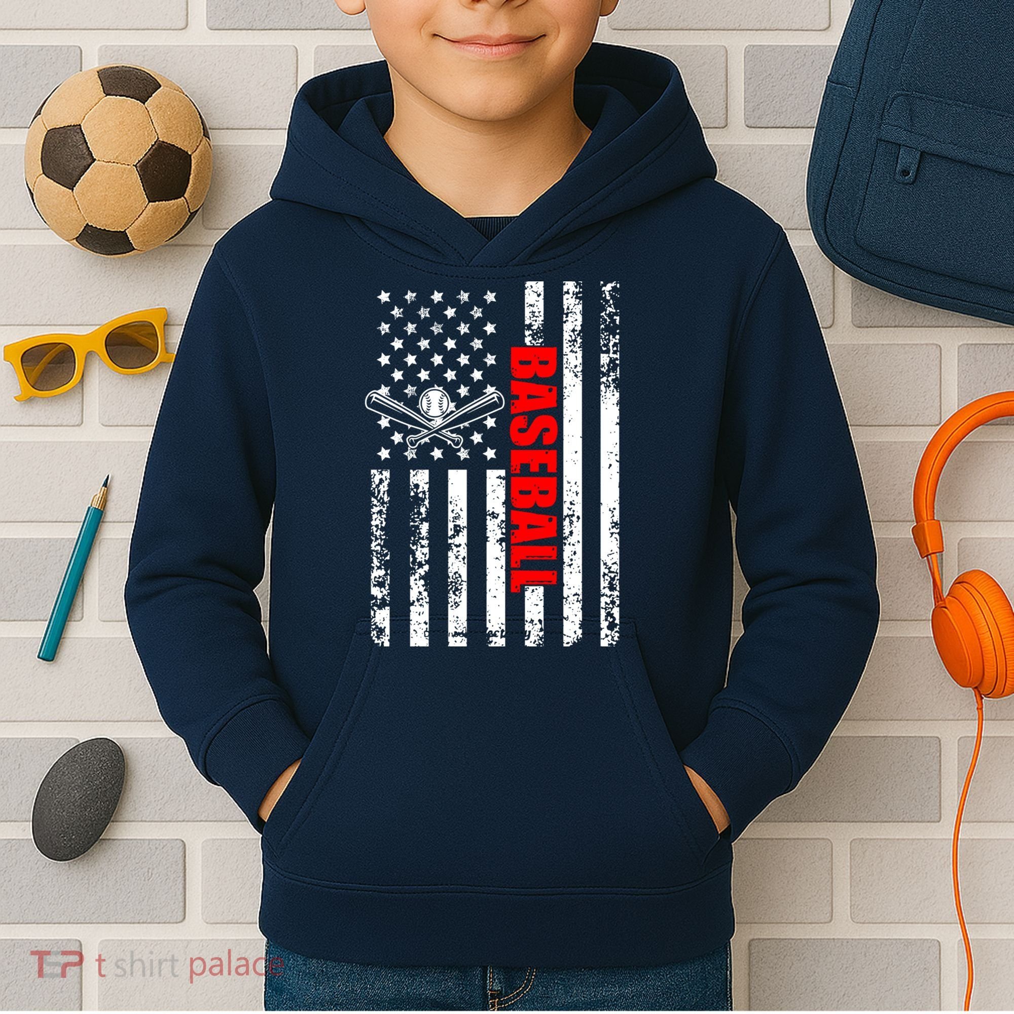 US American Flag Baseball Patriotic Baseball Kids Hoodie