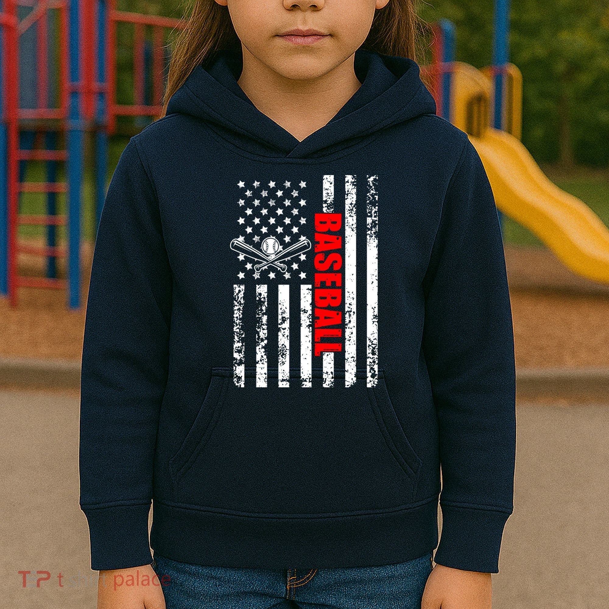 US American Flag Baseball Patriotic Baseball Kids Hoodie