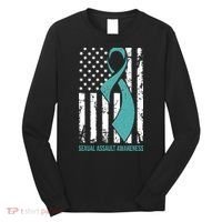 USA American Flag Teal Ribbon April Sexual Assault Awareness Long Sleeve Shirt thumb 0