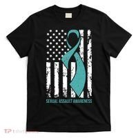 USA American Flag Teal Ribbon April Sexual Assault Awareness T-Shirt thumb 0