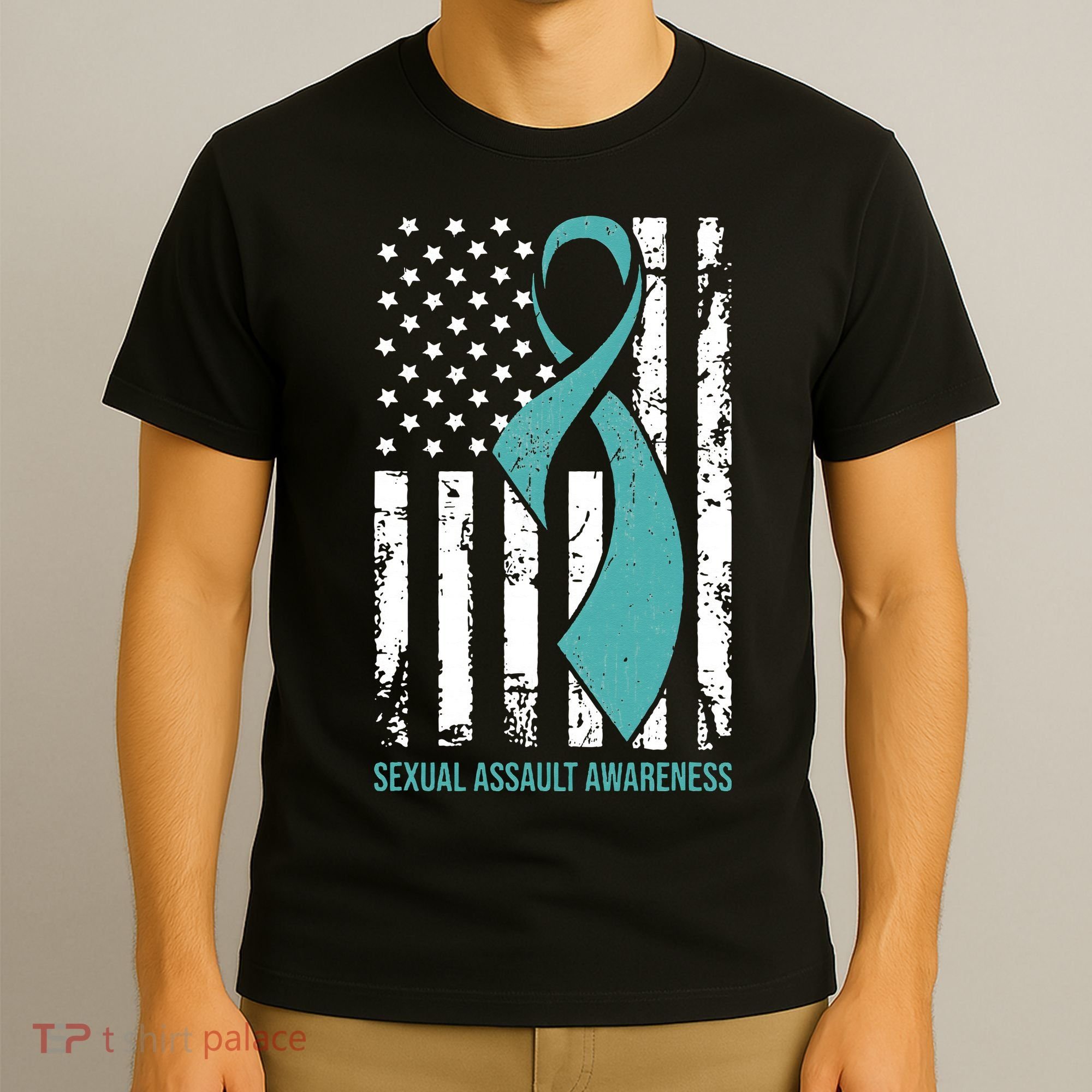 USA American Flag Teal Ribbon April Sexual Assault Awareness T-Shirt