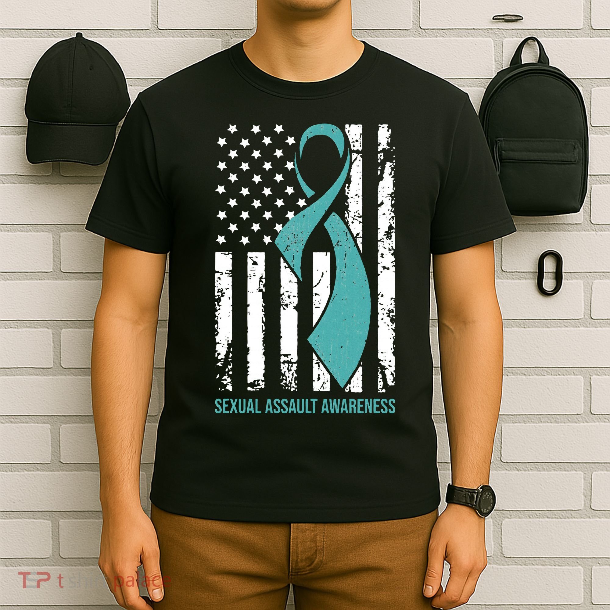 USA American Flag Teal Ribbon April Sexual Assault Awareness T-Shirt