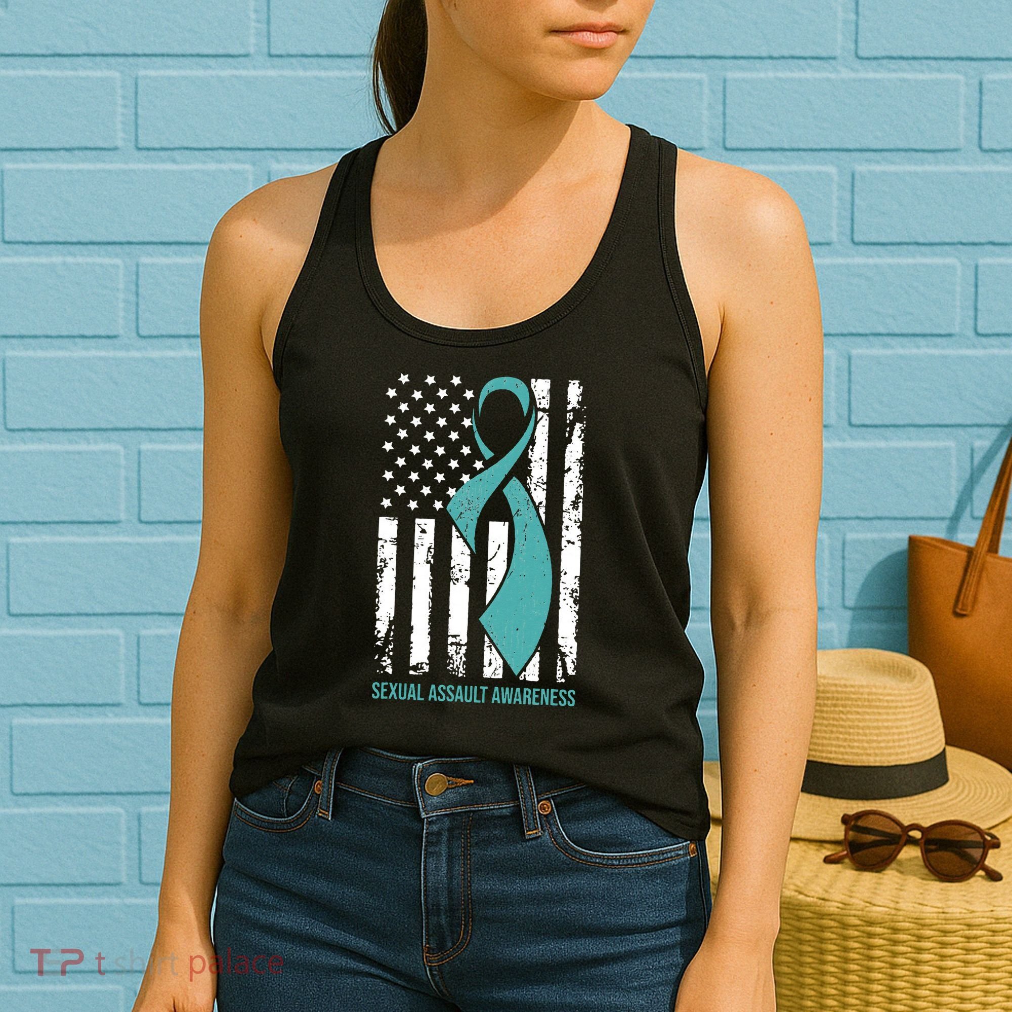 USA American Flag Teal Ribbon April Sexual Assault Awareness Women's Tank Top