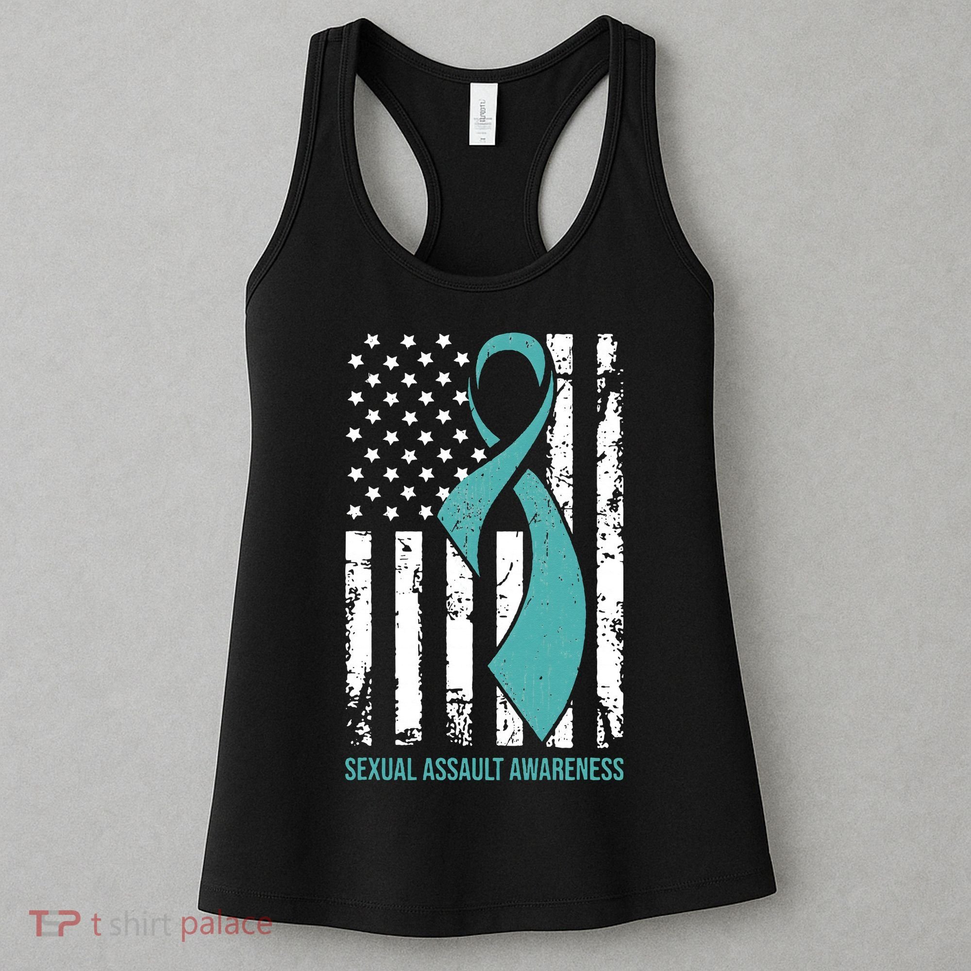 USA American Flag Teal Ribbon April Sexual Assault Awareness Women's Tank Top