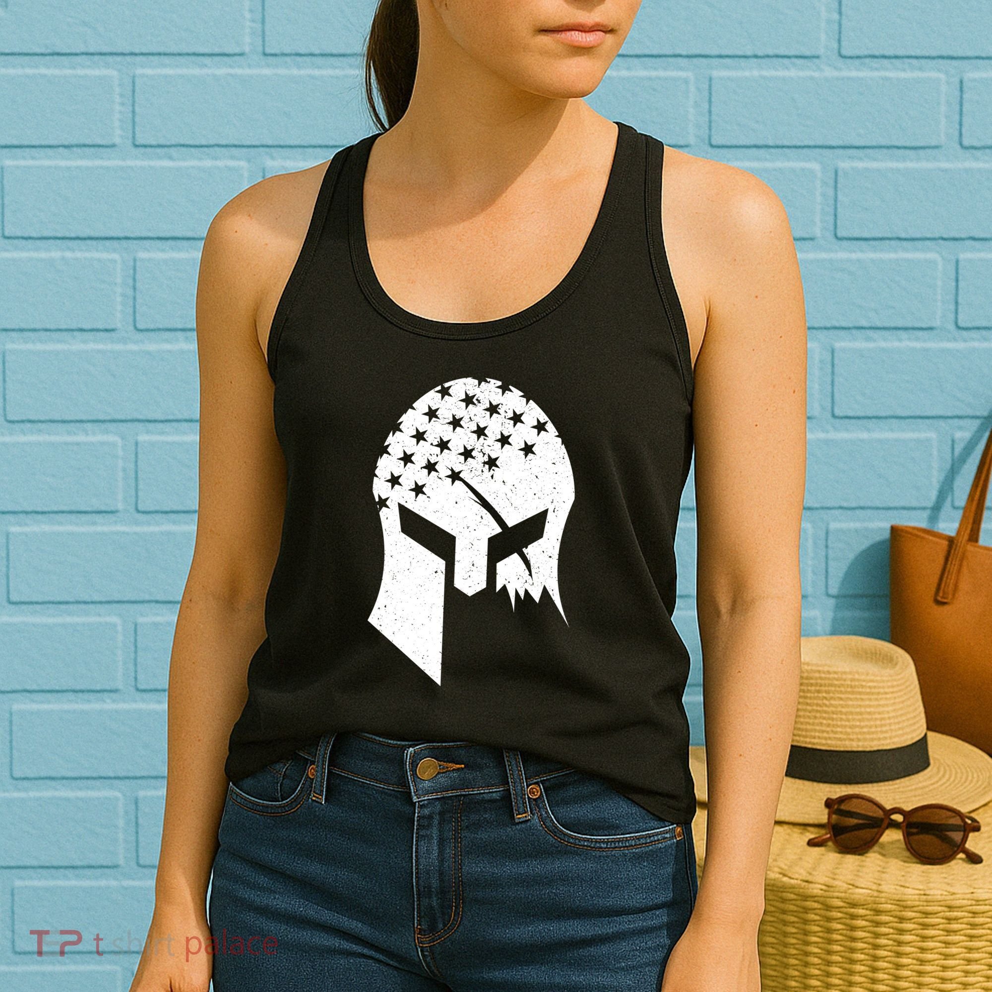 USA American Flag Warrior Skull Helmet Women's Tank Top