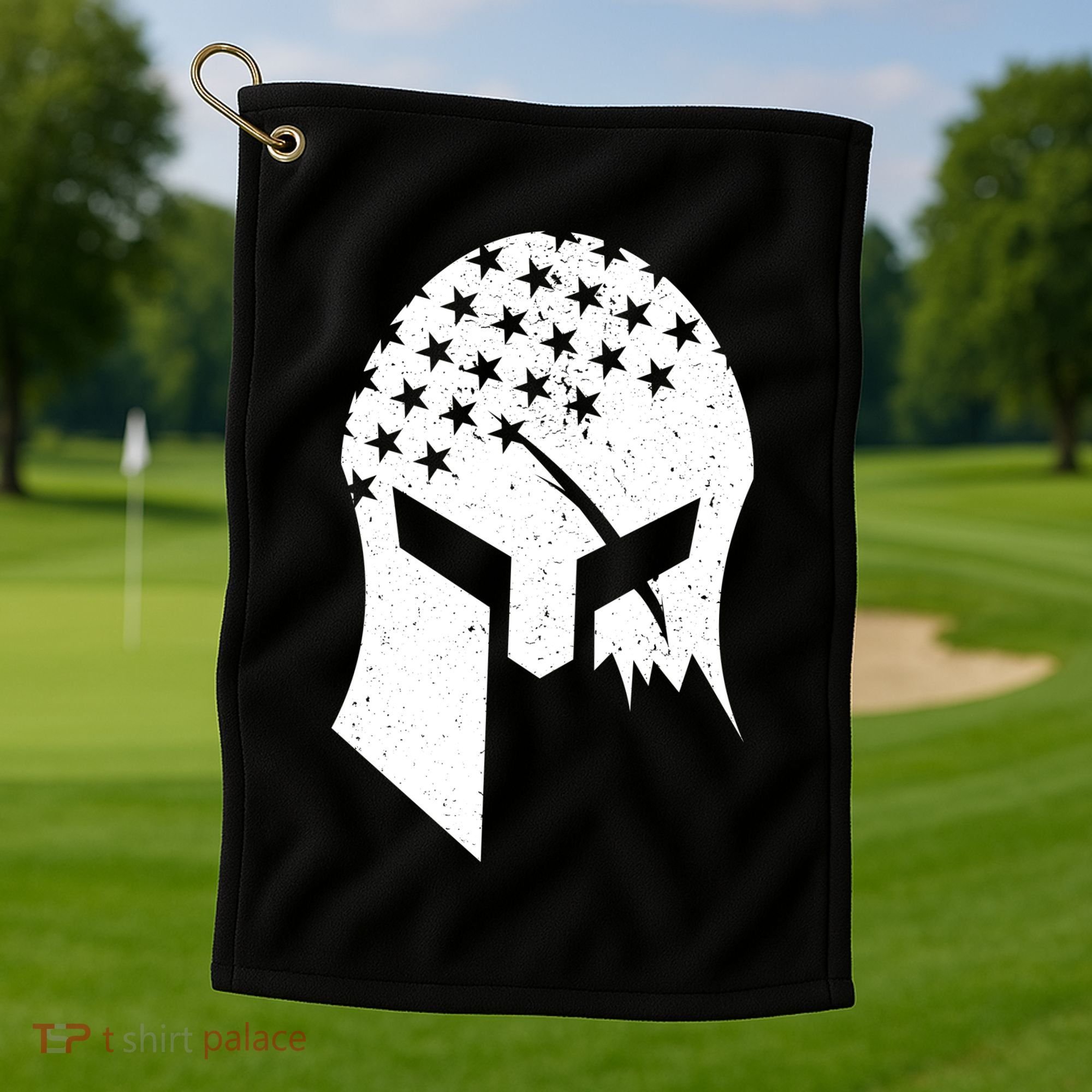 USA American Flag Warrior Skull Helmet Golf Towel
