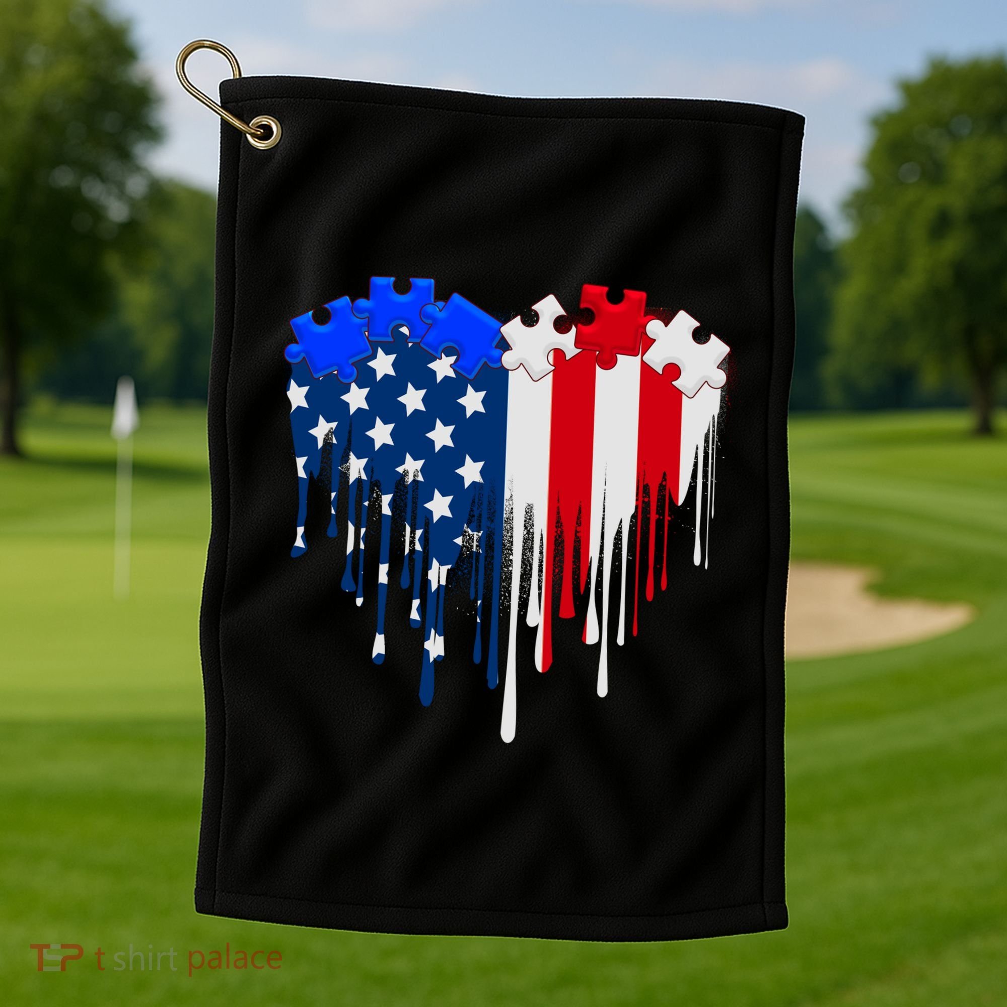 USA American Flag Puzzle Heart Golf Towel