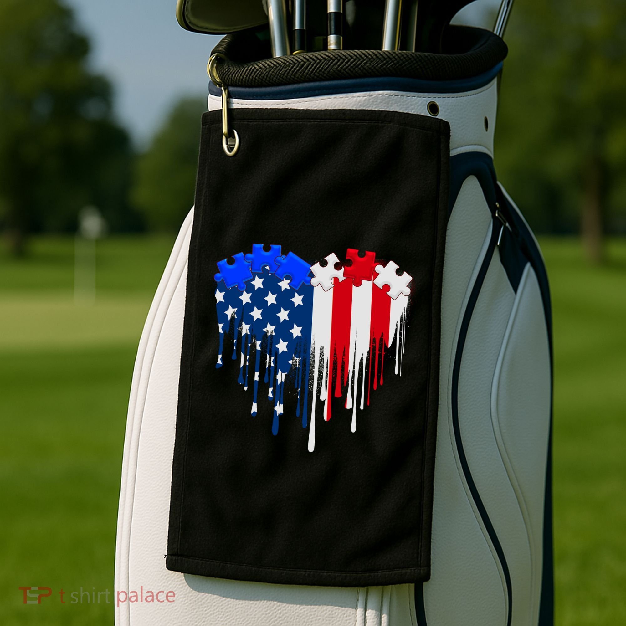USA American Flag Puzzle Heart Golf Towel