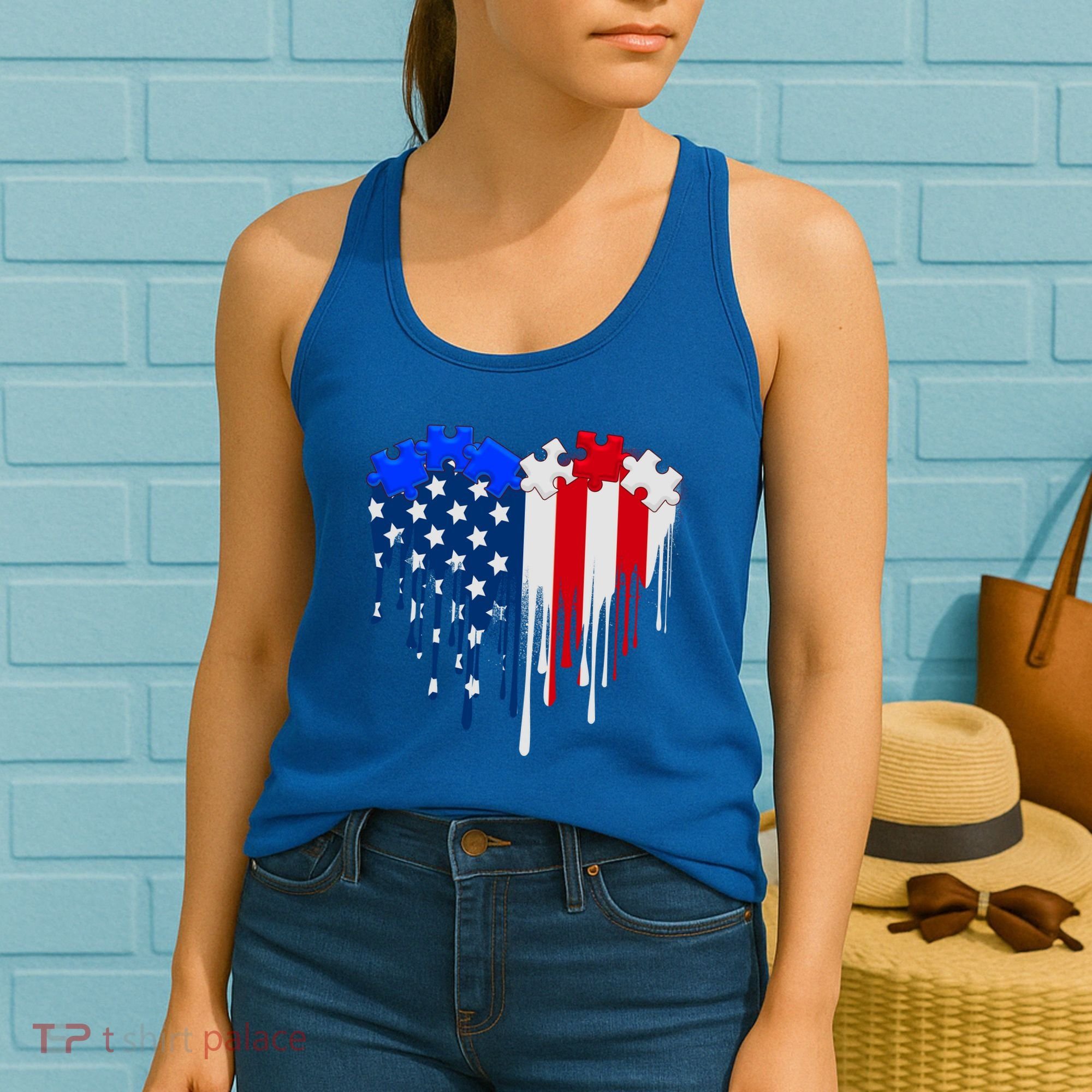 USA American Flag Puzzle Heart Women's Tank Top