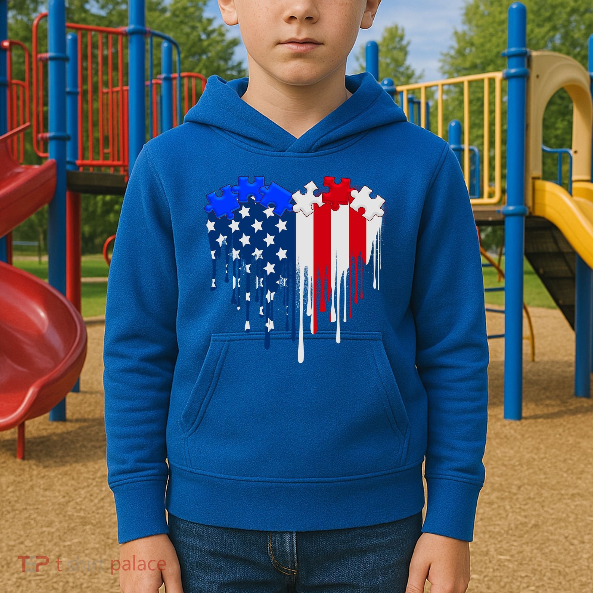 USA American Flag Puzzle Heart Kids Hoodie