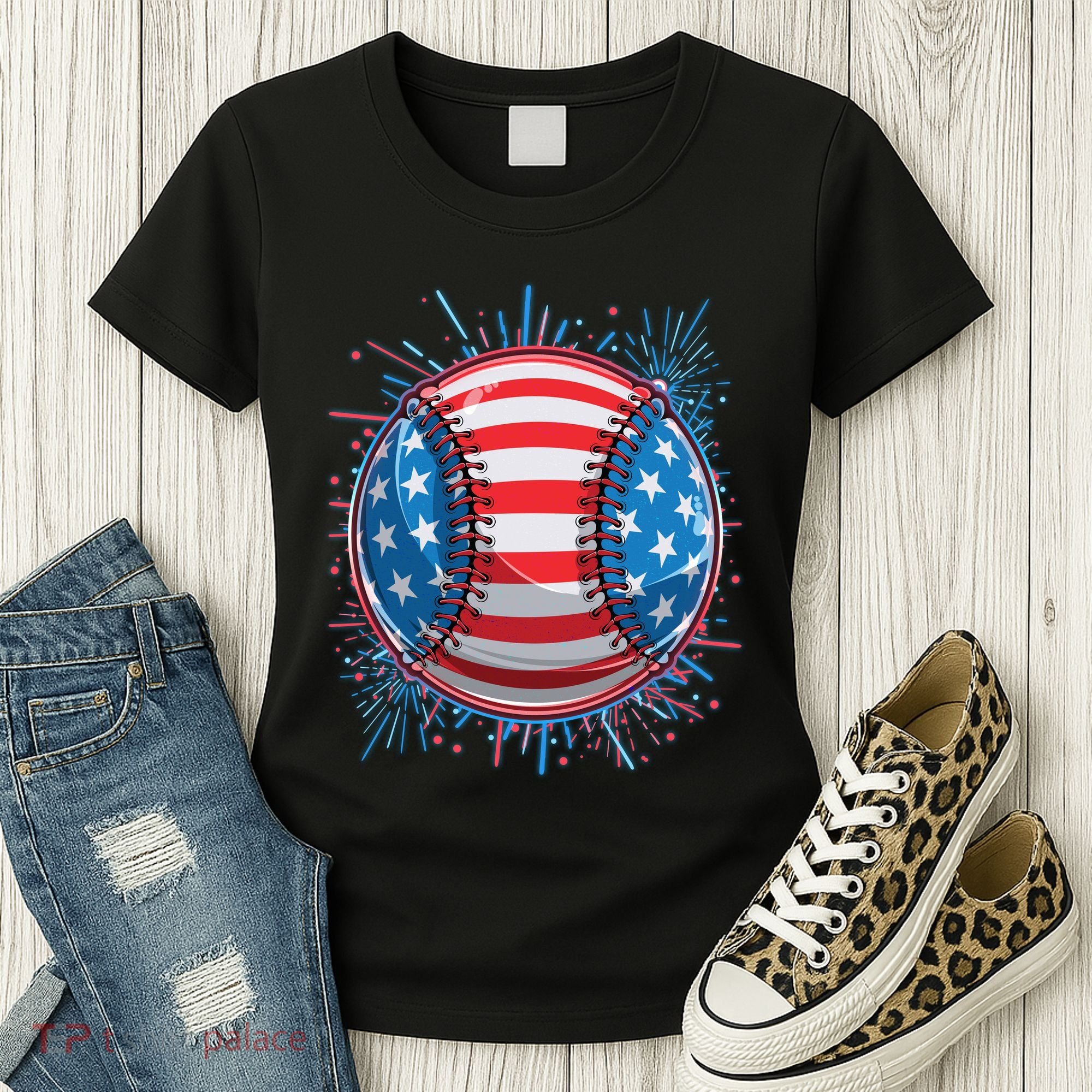 USA American Flag Firework Baseball Women's T-Shirt