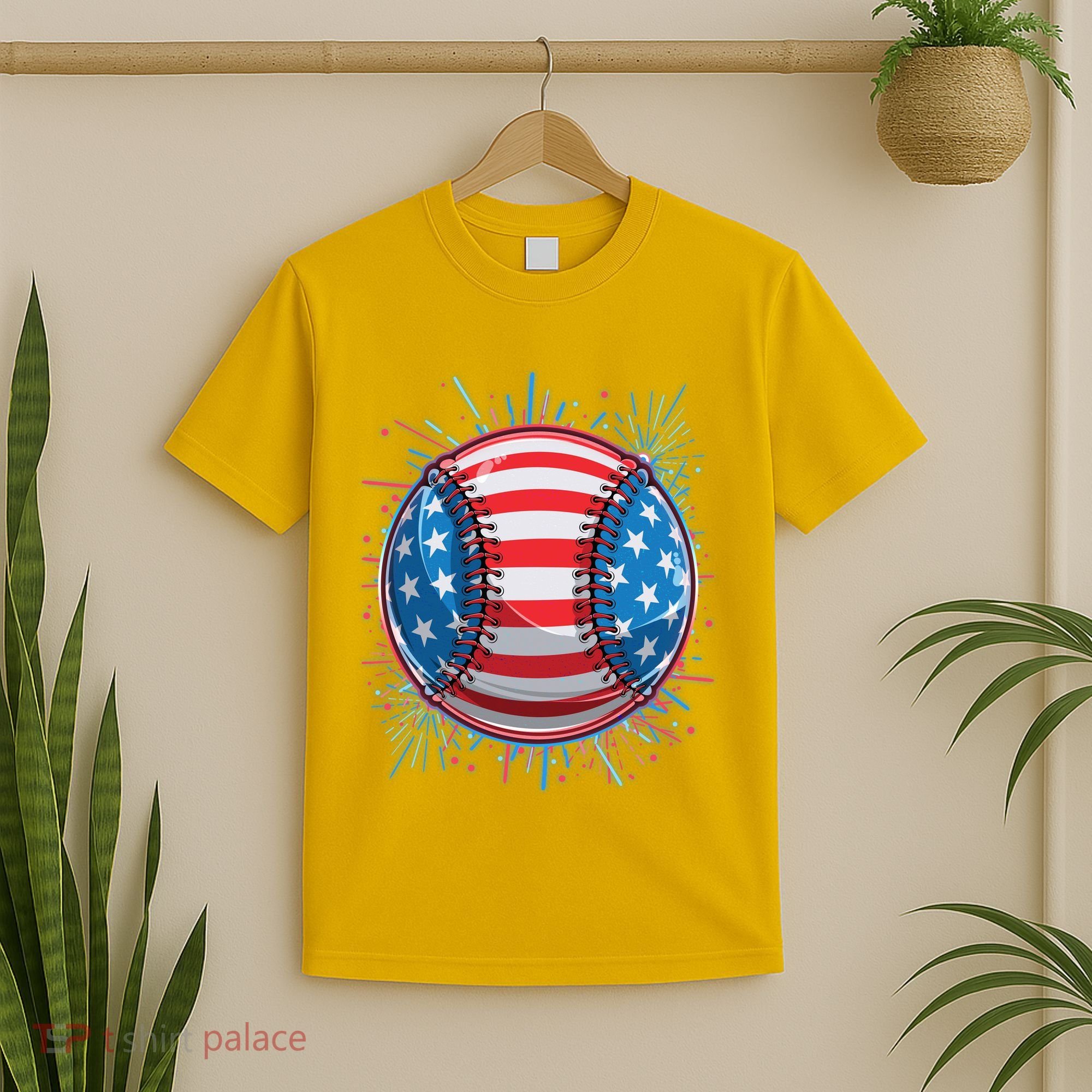USA American Flag Firework Baseball T-Shirt