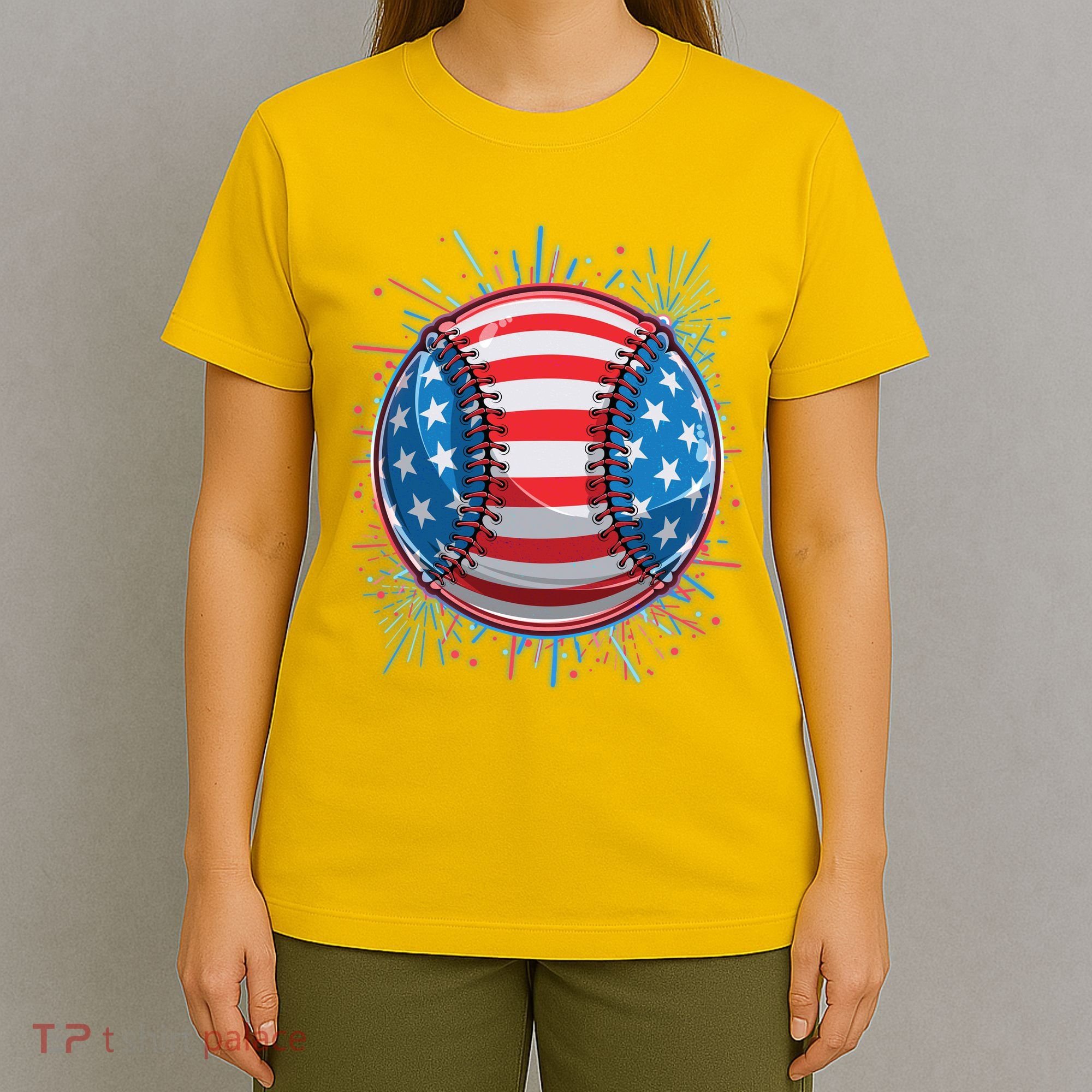 USA American Flag Firework Baseball T-Shirt