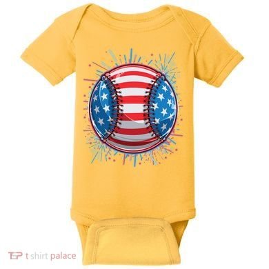 USA American Flag Firework Baseball Baby Bodysuit