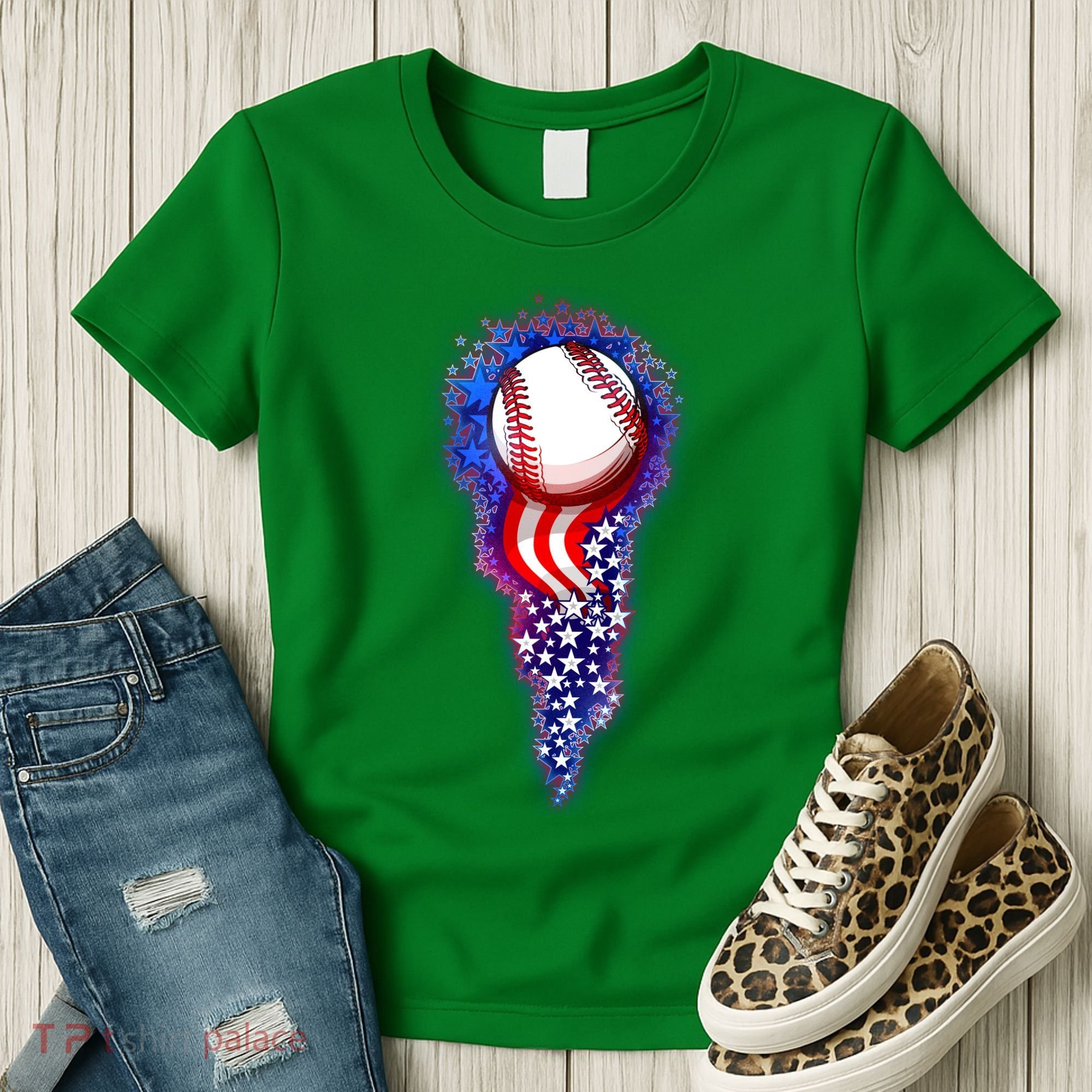 USA American Flag Baseball Star Comet Women's T-Shirt