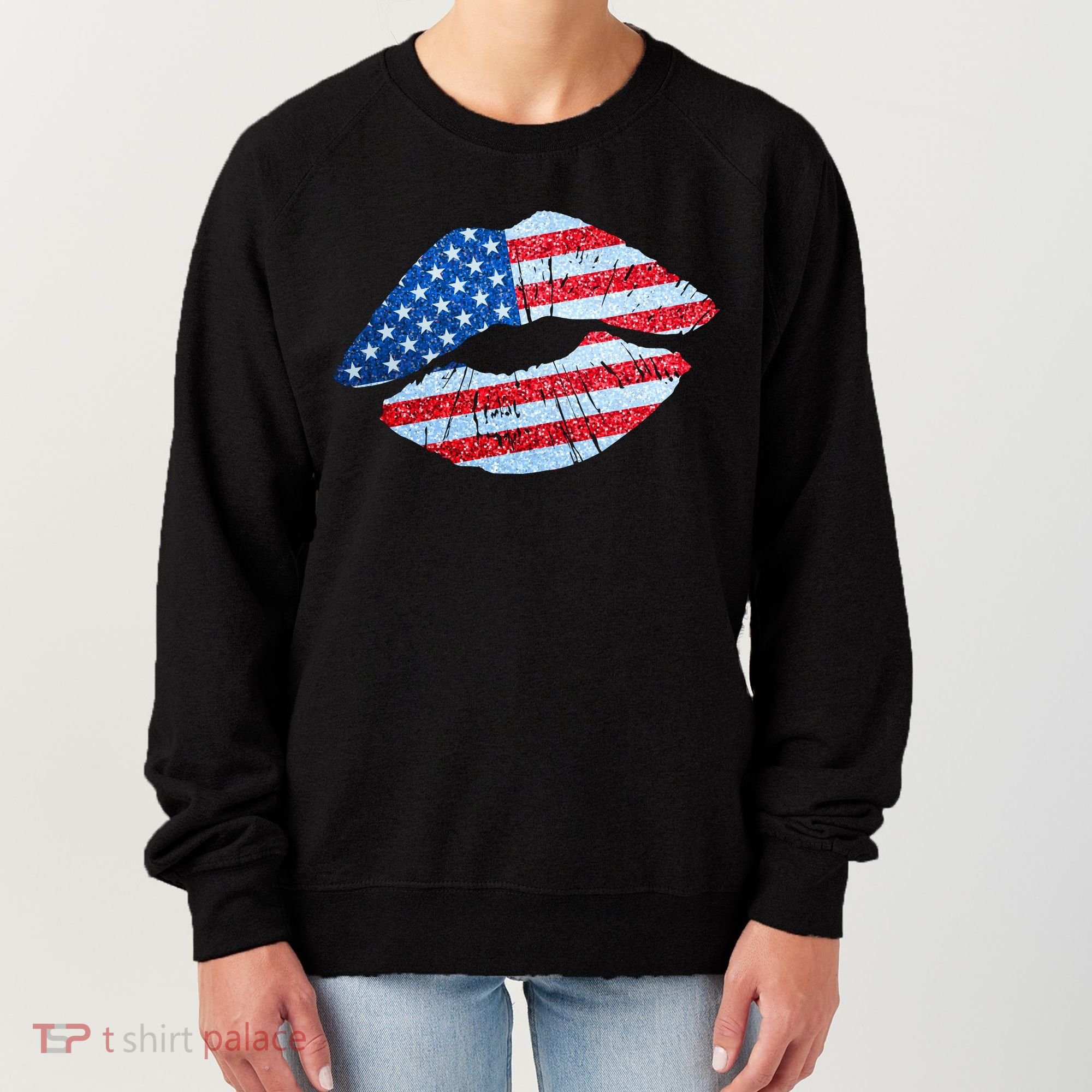 USA American Flag Sparkle Lip Makeup Women's Sweatshirt