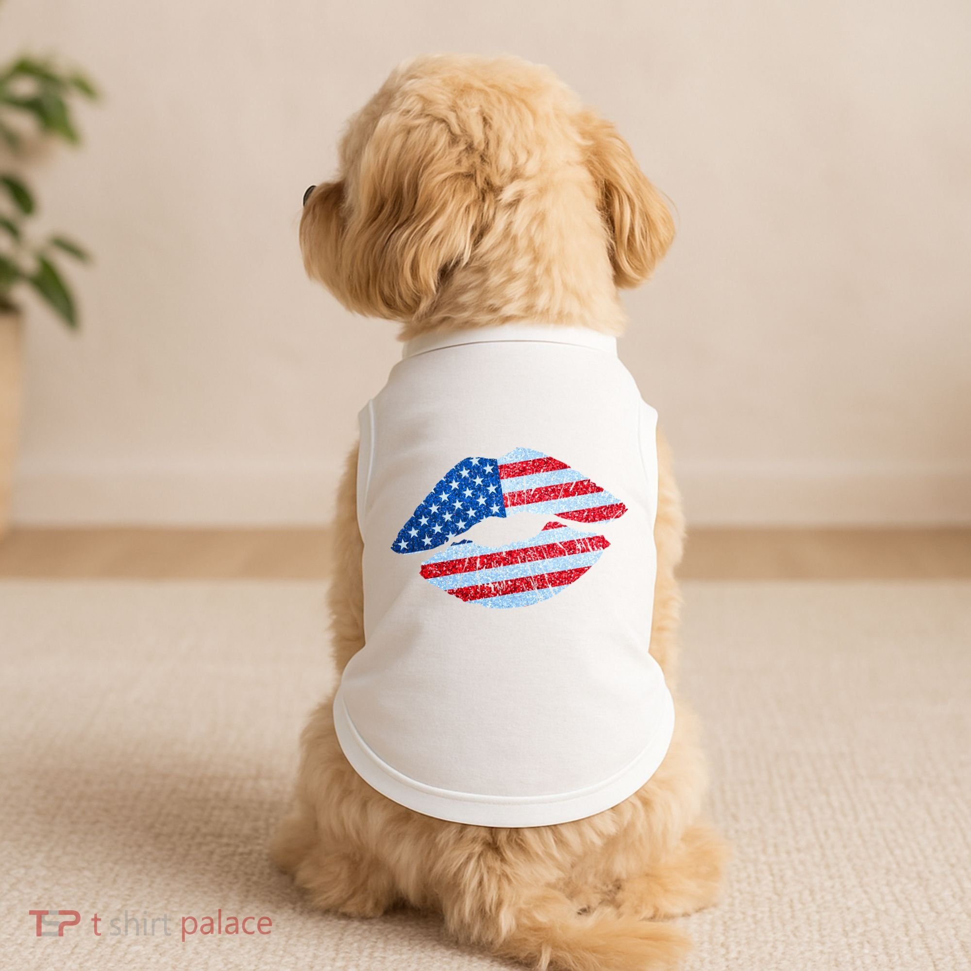 USA American Flag Sparkle Lip Makeup Doggie Tank