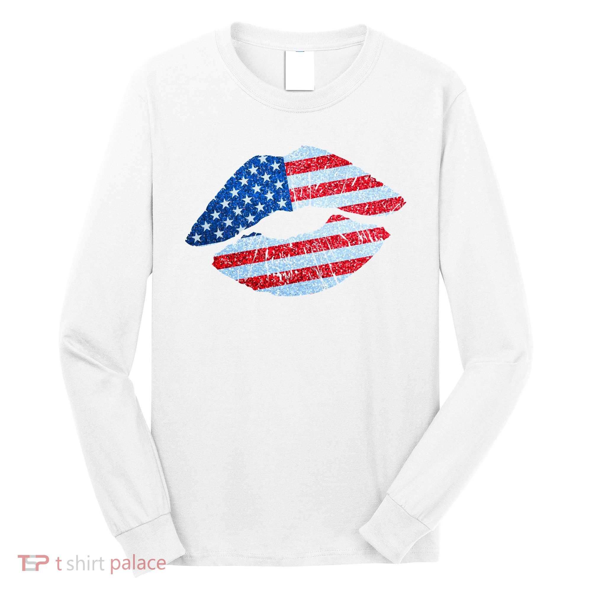 USA American Flag Sparkle Lip Makeup Long Sleeve Shirt