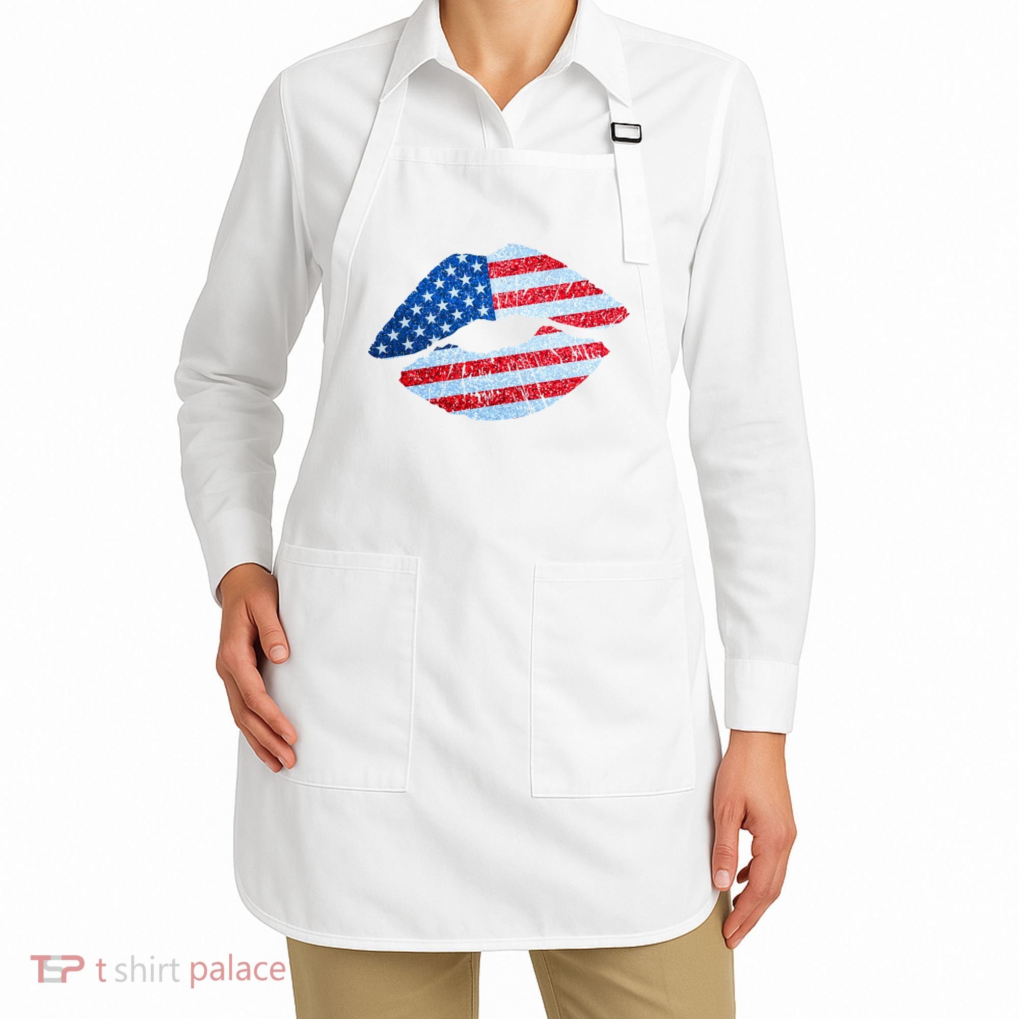 USA American Flag Sparkle Lip Makeup Apron