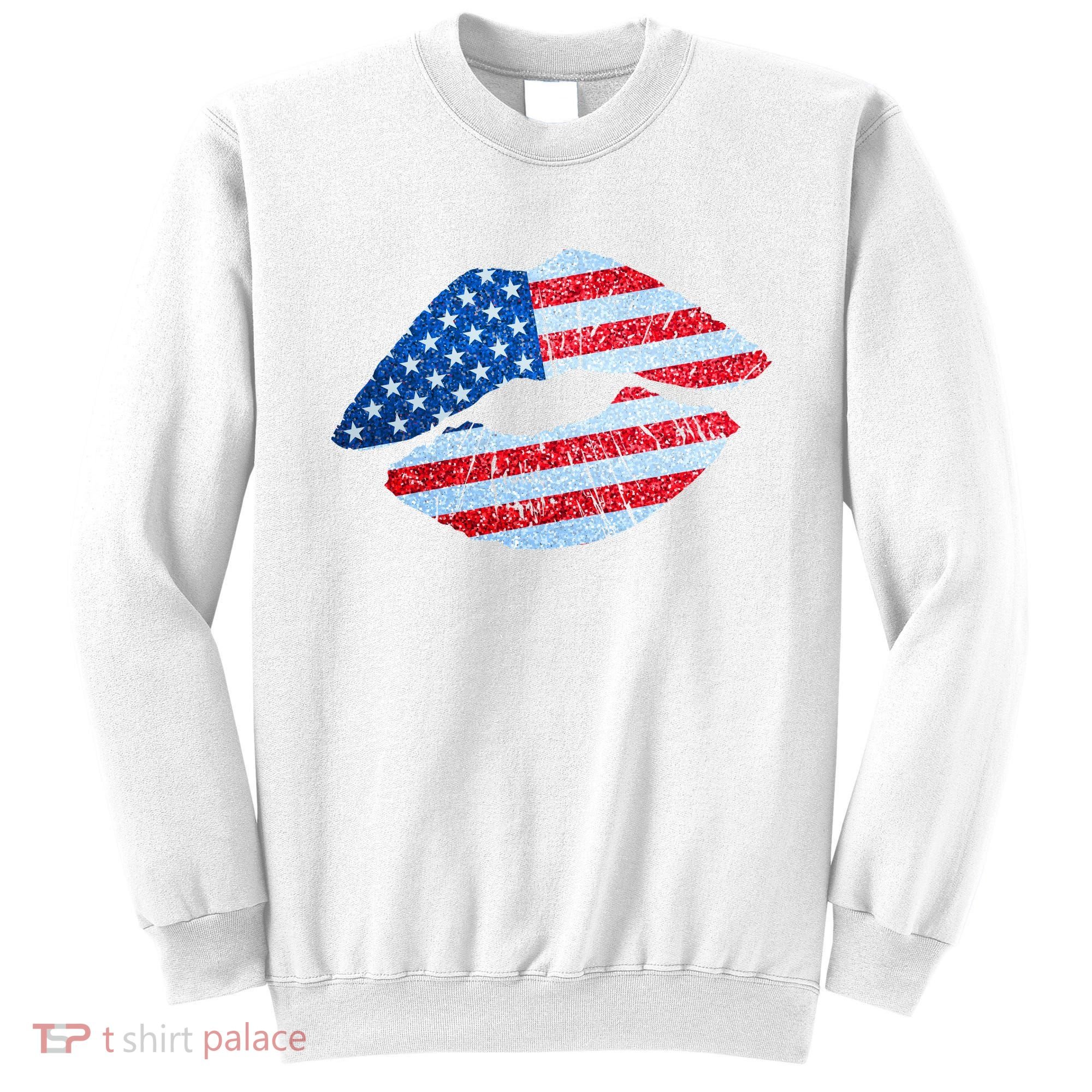 USA American Flag Sparkle Lip Makeup Sweatshirt