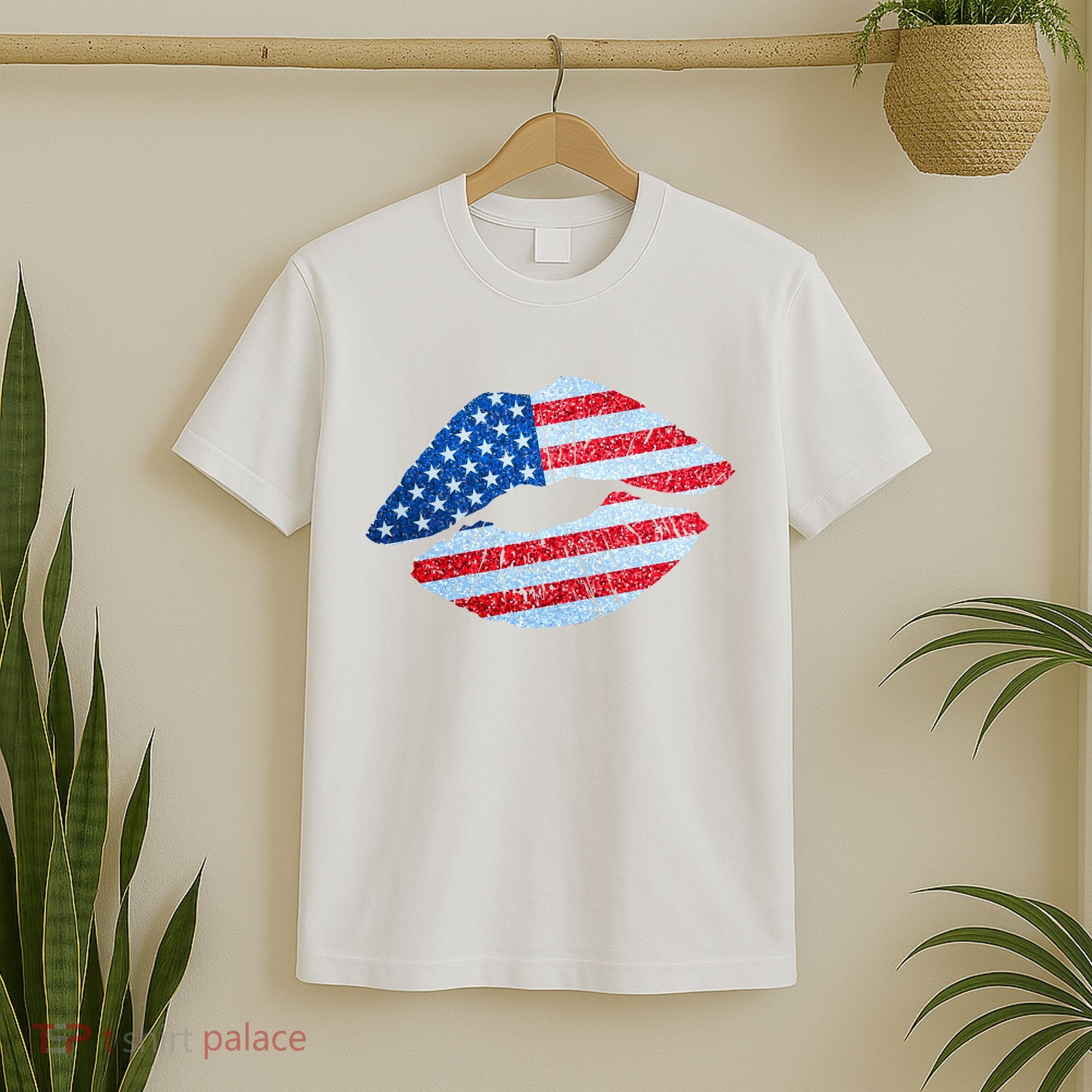 USA American Flag Sparkle Lip Makeup T-Shirt