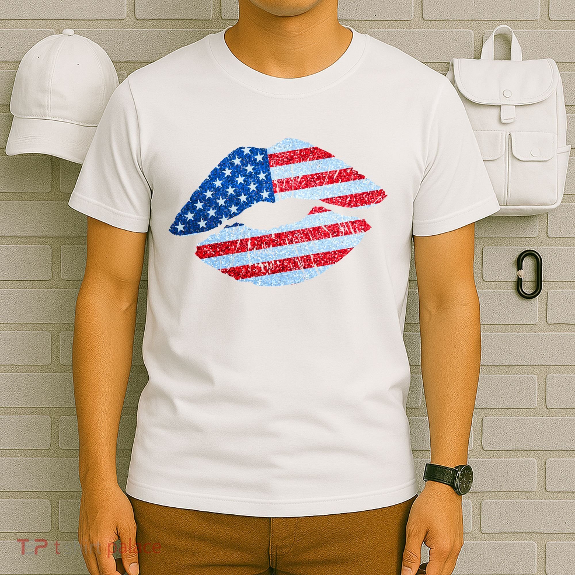 USA American Flag Sparkle Lip Makeup T-Shirt