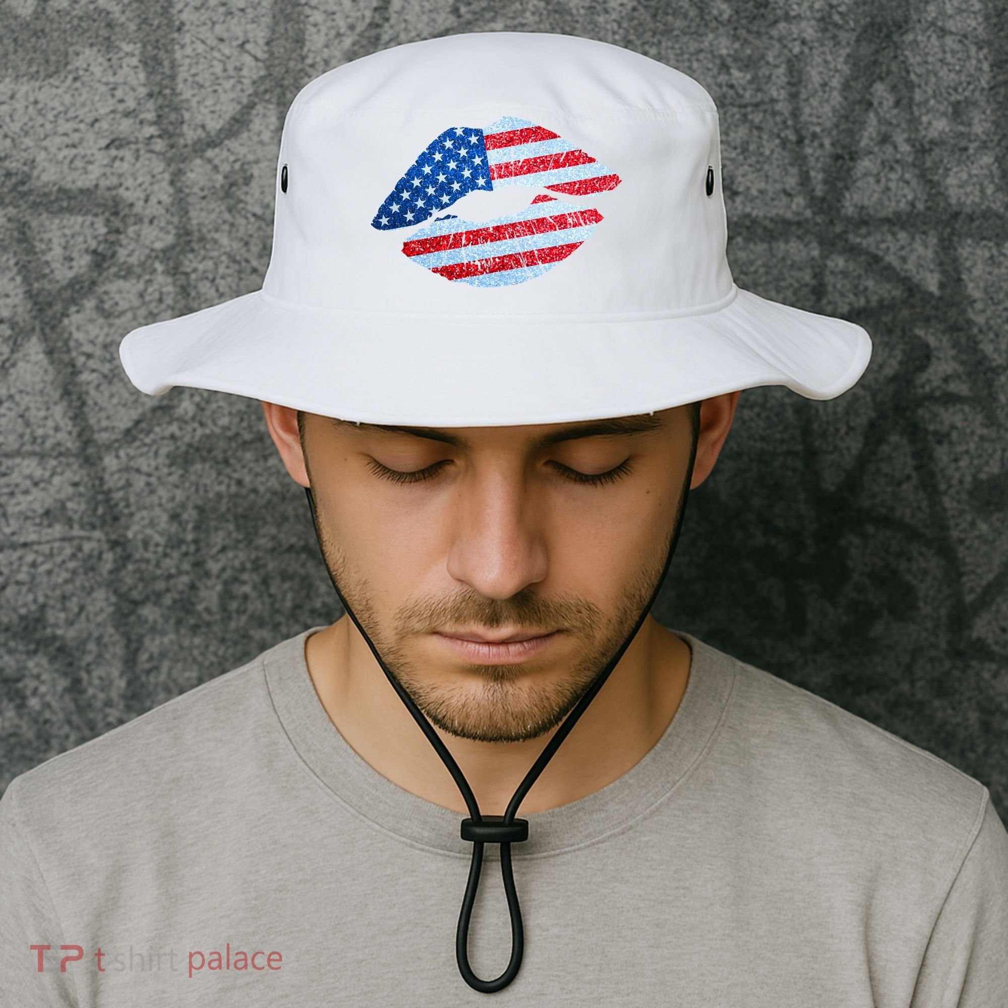 USA American Flag Sparkle Lip Makeup Bucket Hat