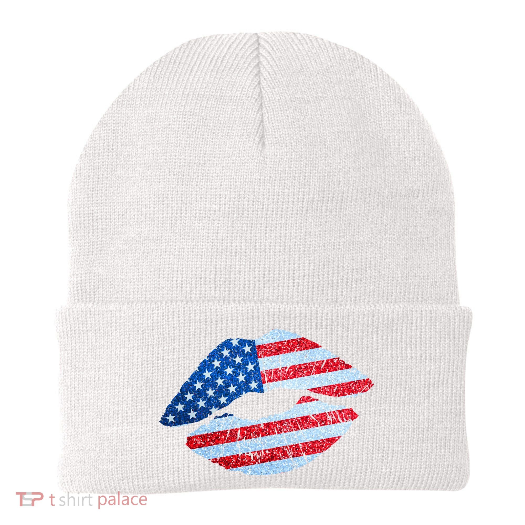USA American Flag Sparkle Lip Makeup Beanie