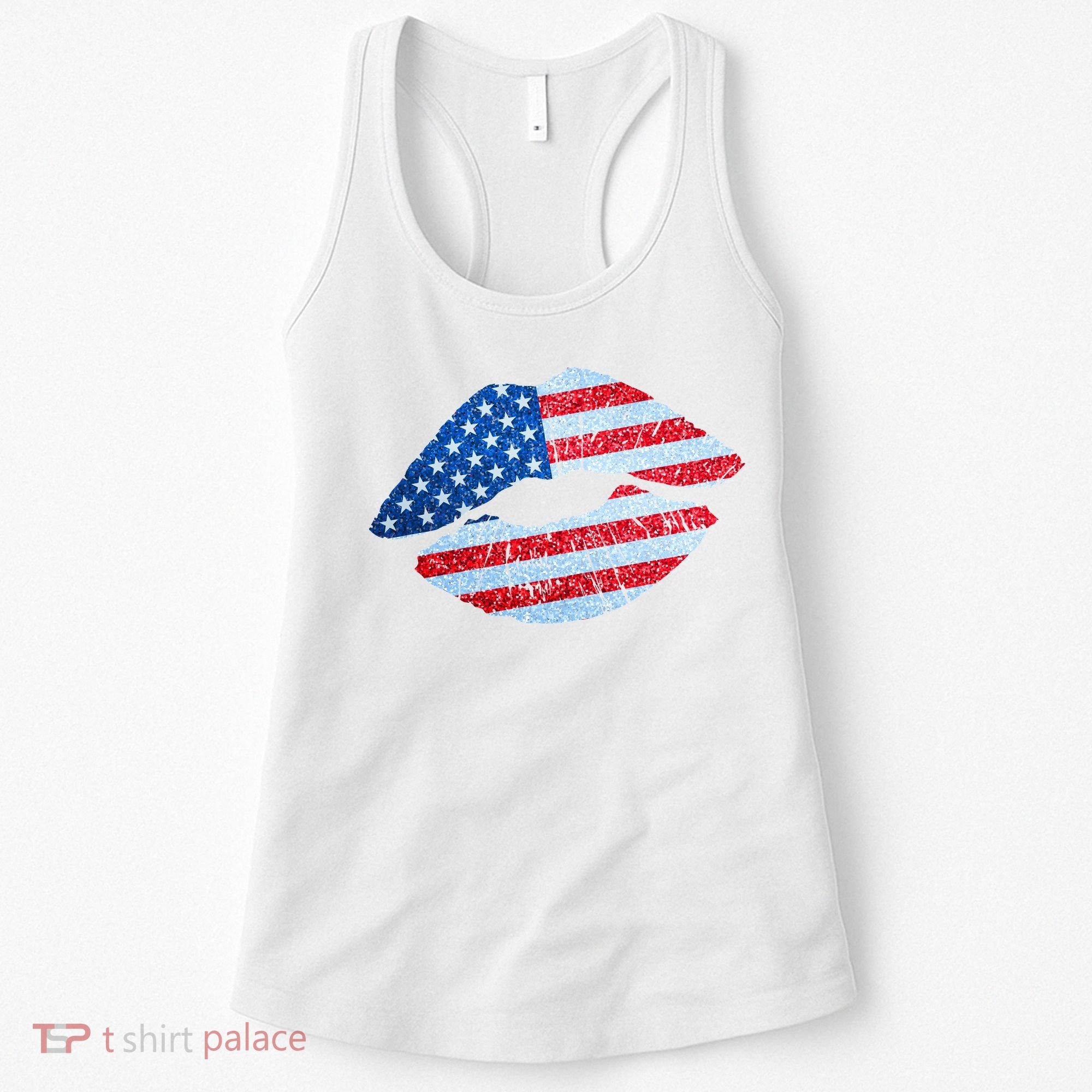 USA American Flag Sparkle Lip Makeup Women's Tank Top
