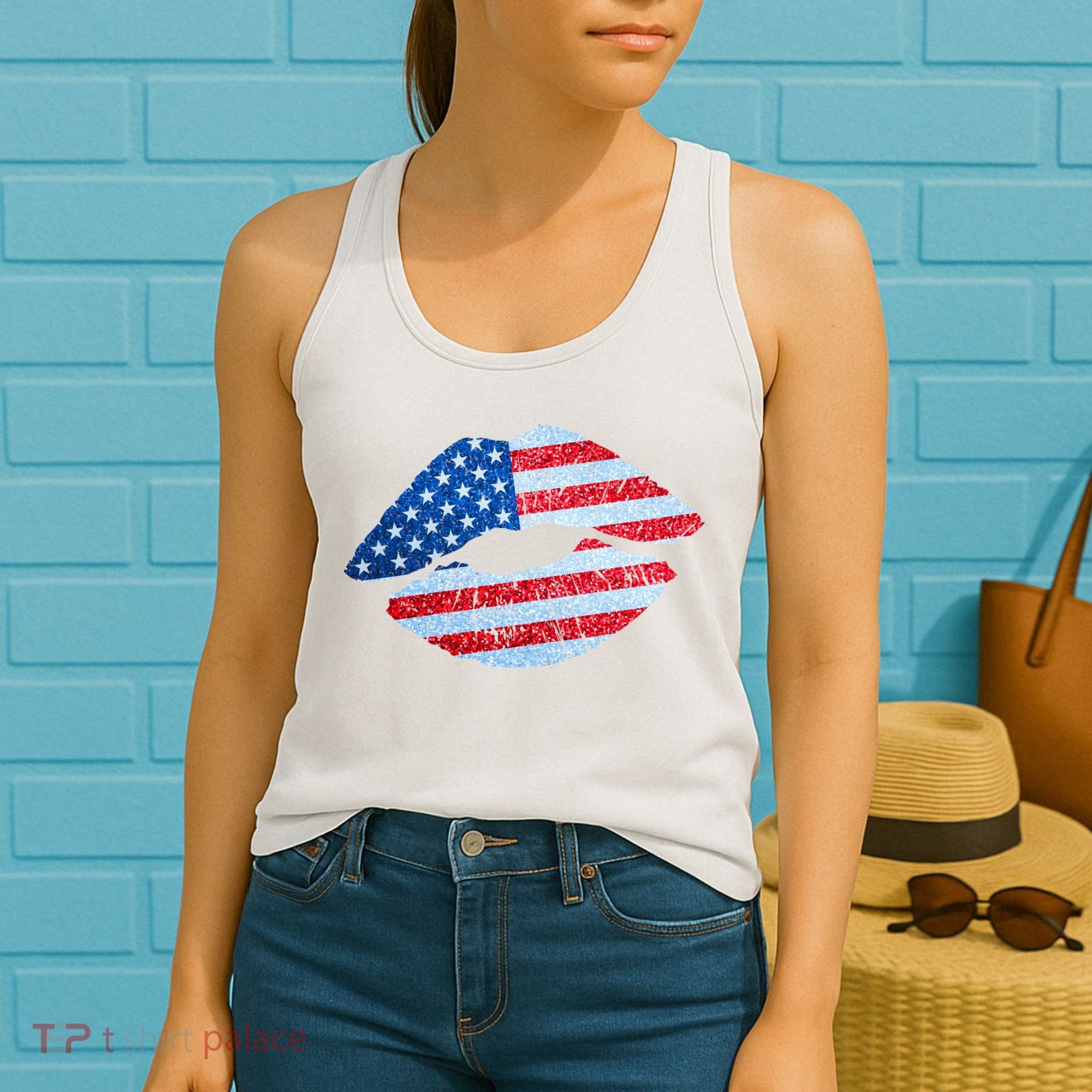 USA American Flag Sparkle Lip Makeup Women's Tank Top