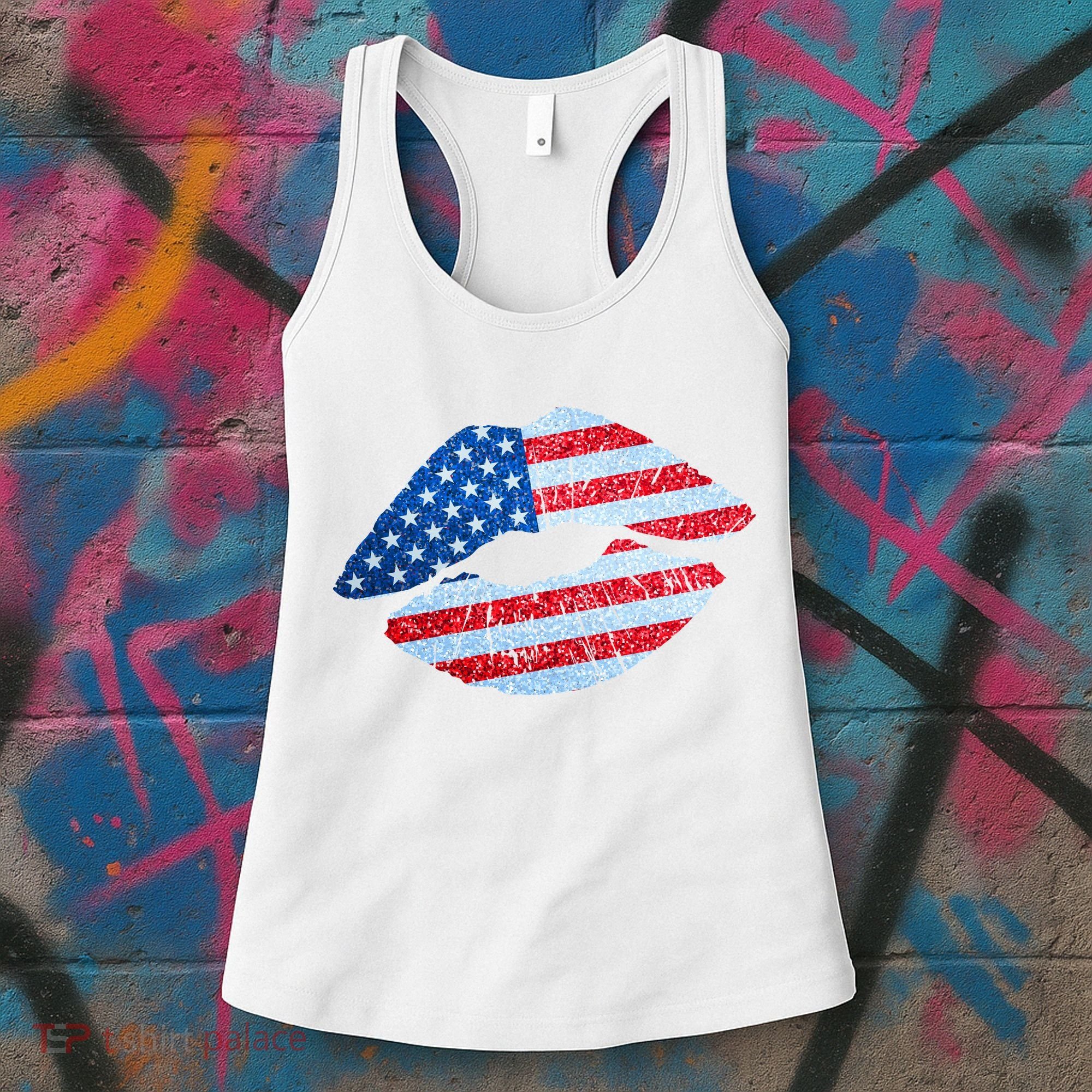USA American Flag Sparkle Lip Makeup Women's Tank Top