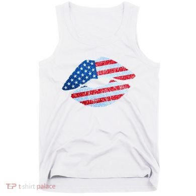 USA American Flag Sparkle Lip Makeup Tank Top