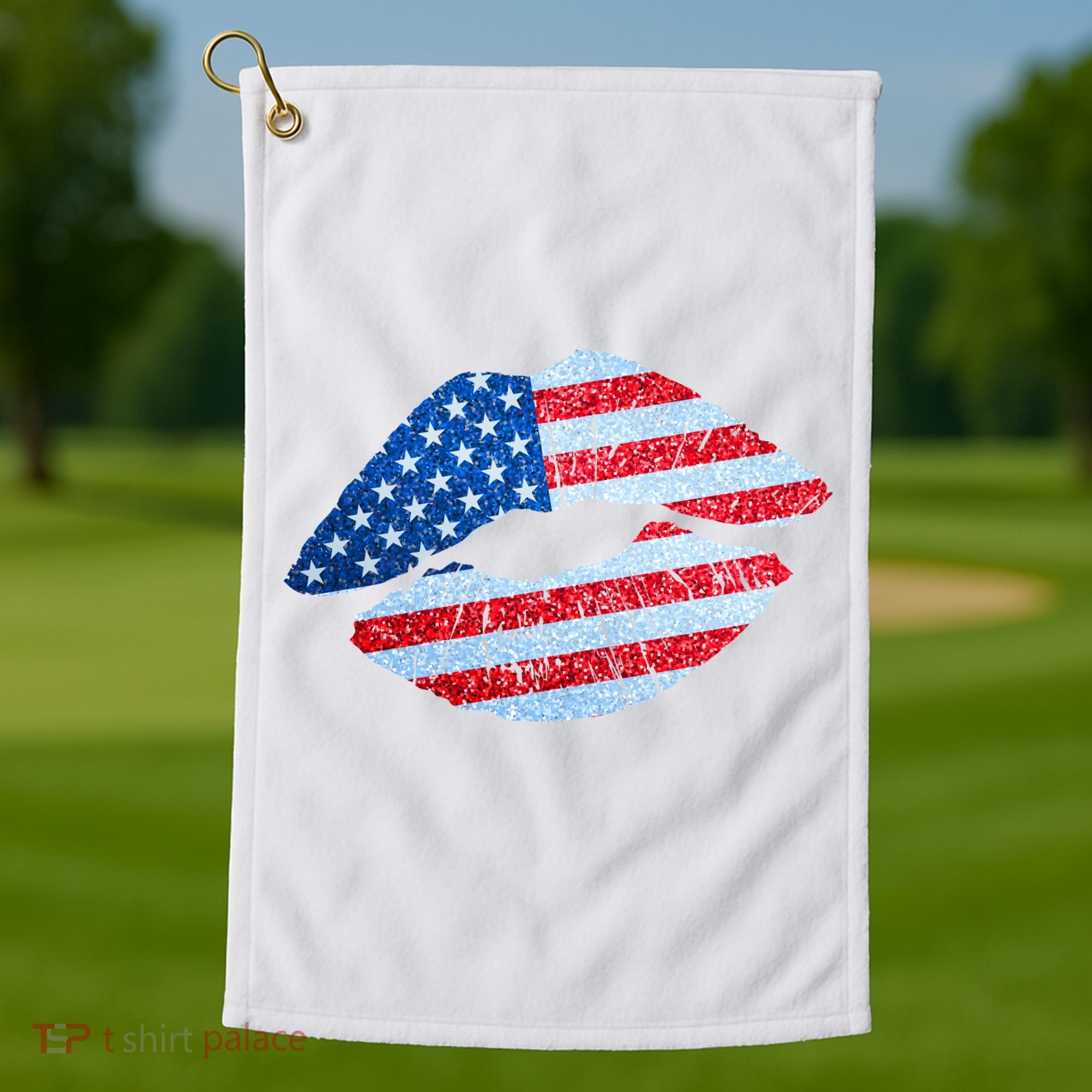 USA American Flag Sparkle Lip Makeup Golf Towel