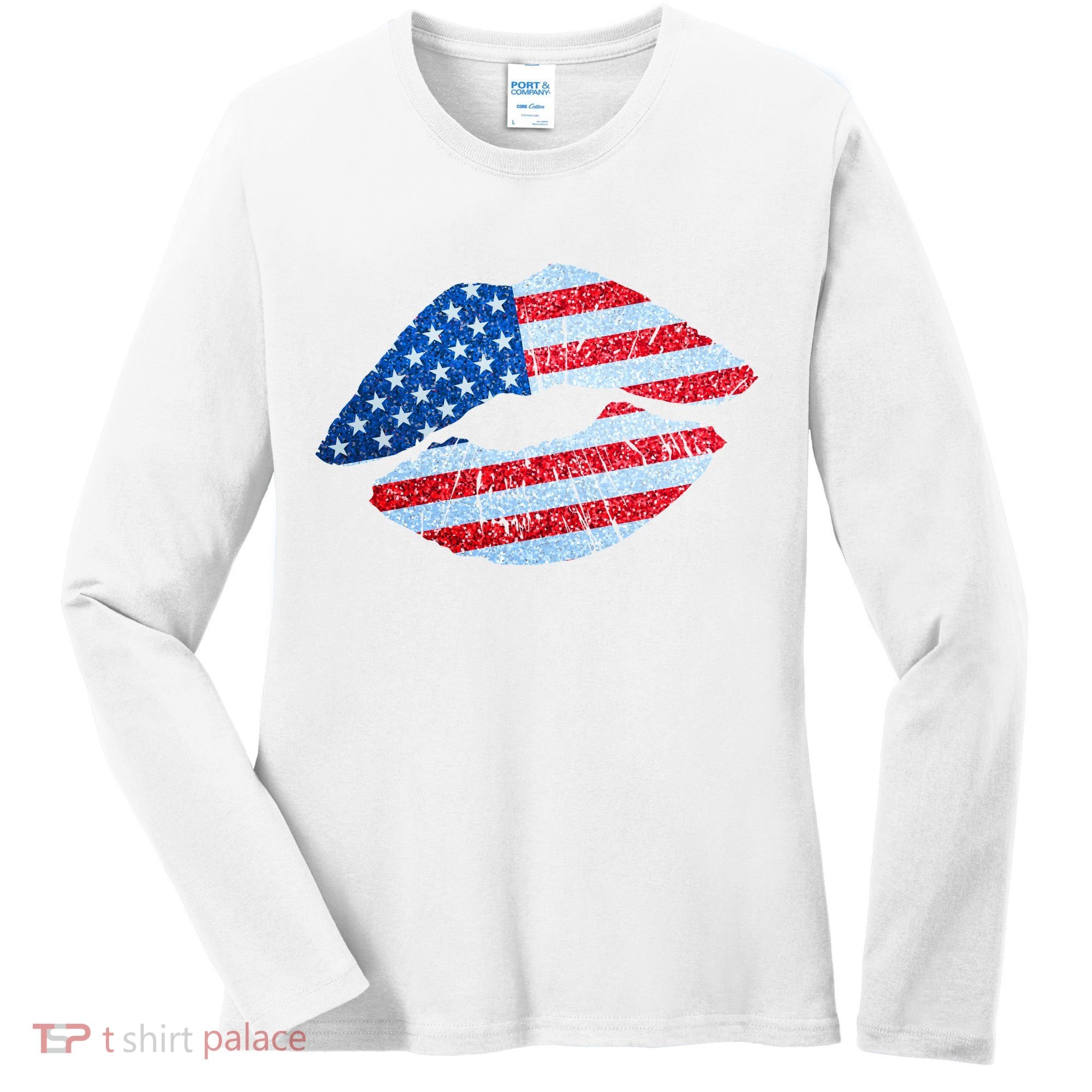 USA American Flag Sparkle Lip Makeup Women's Long Sleeve Shirt