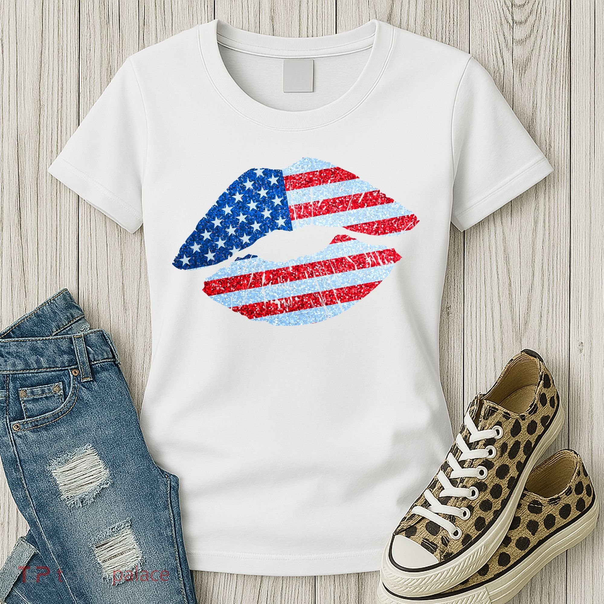 USA American Flag Sparkle Lip Makeup Women's T-Shirt