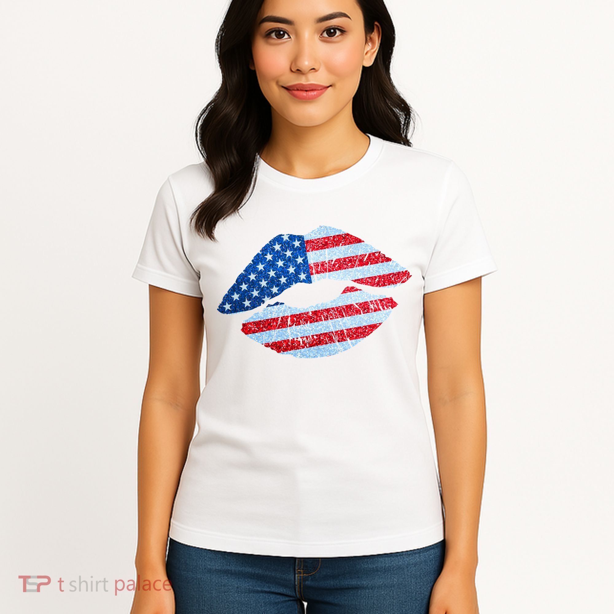 USA American Flag Sparkle Lip Makeup Women's T-Shirt