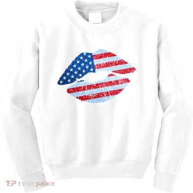 USA American Flag Sparkle Lip Makeup Kids Sweatshirt