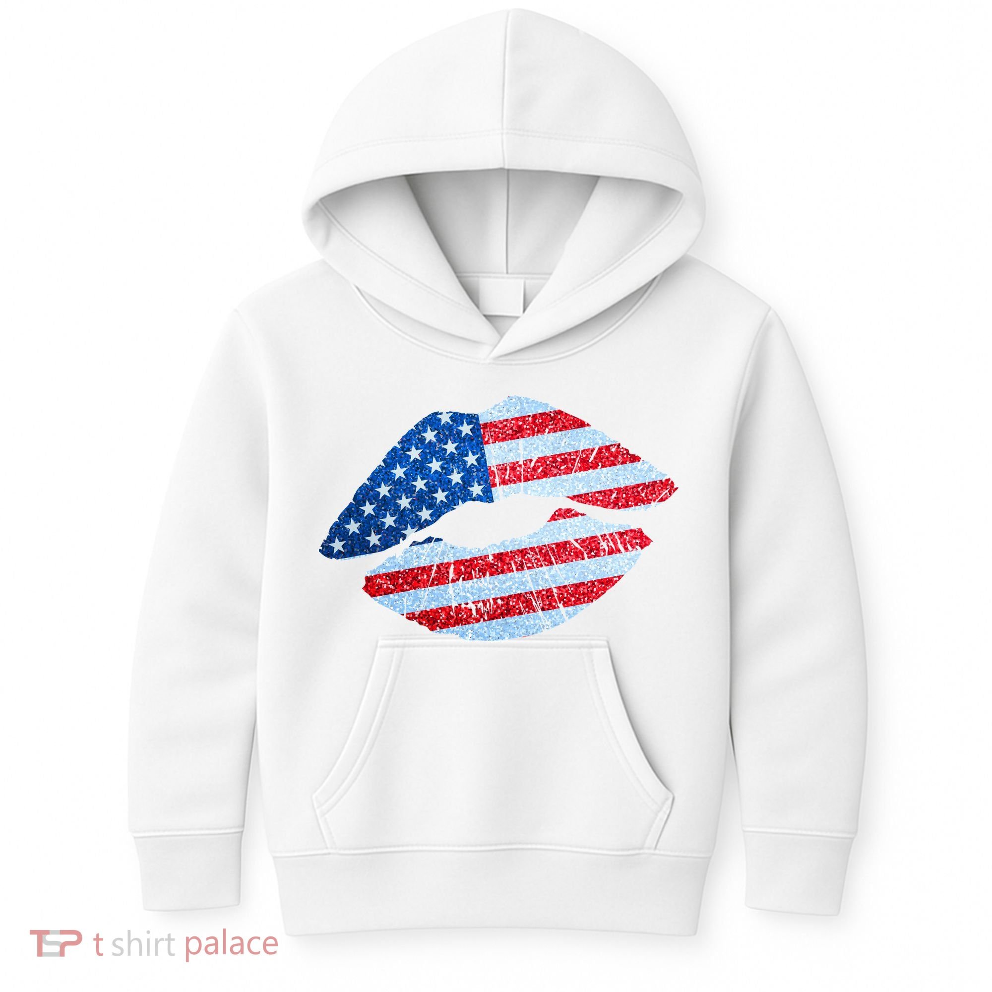 USA American Flag Sparkle Lip Makeup Kids Hoodie