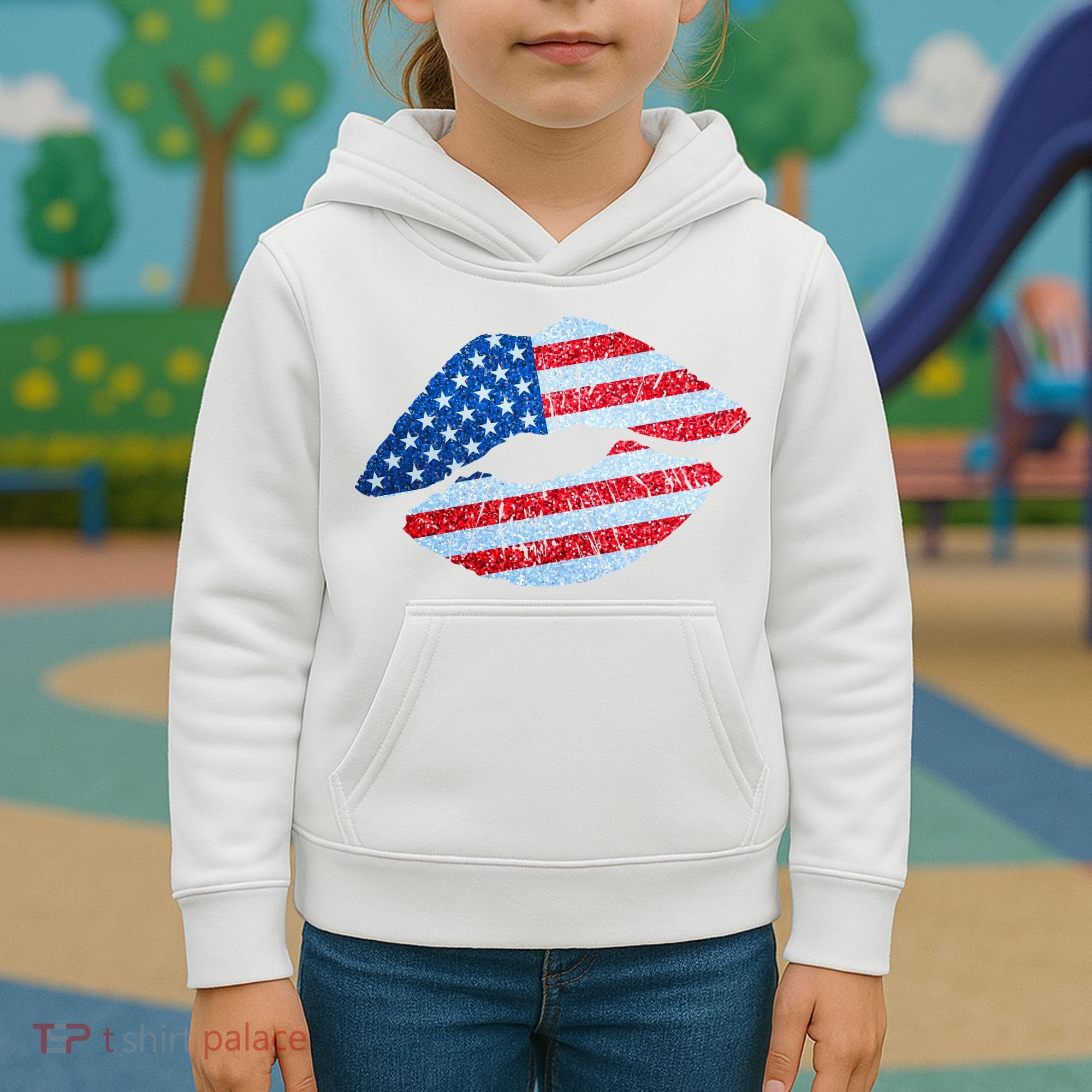 USA American Flag Sparkle Lip Makeup Kids Hoodie