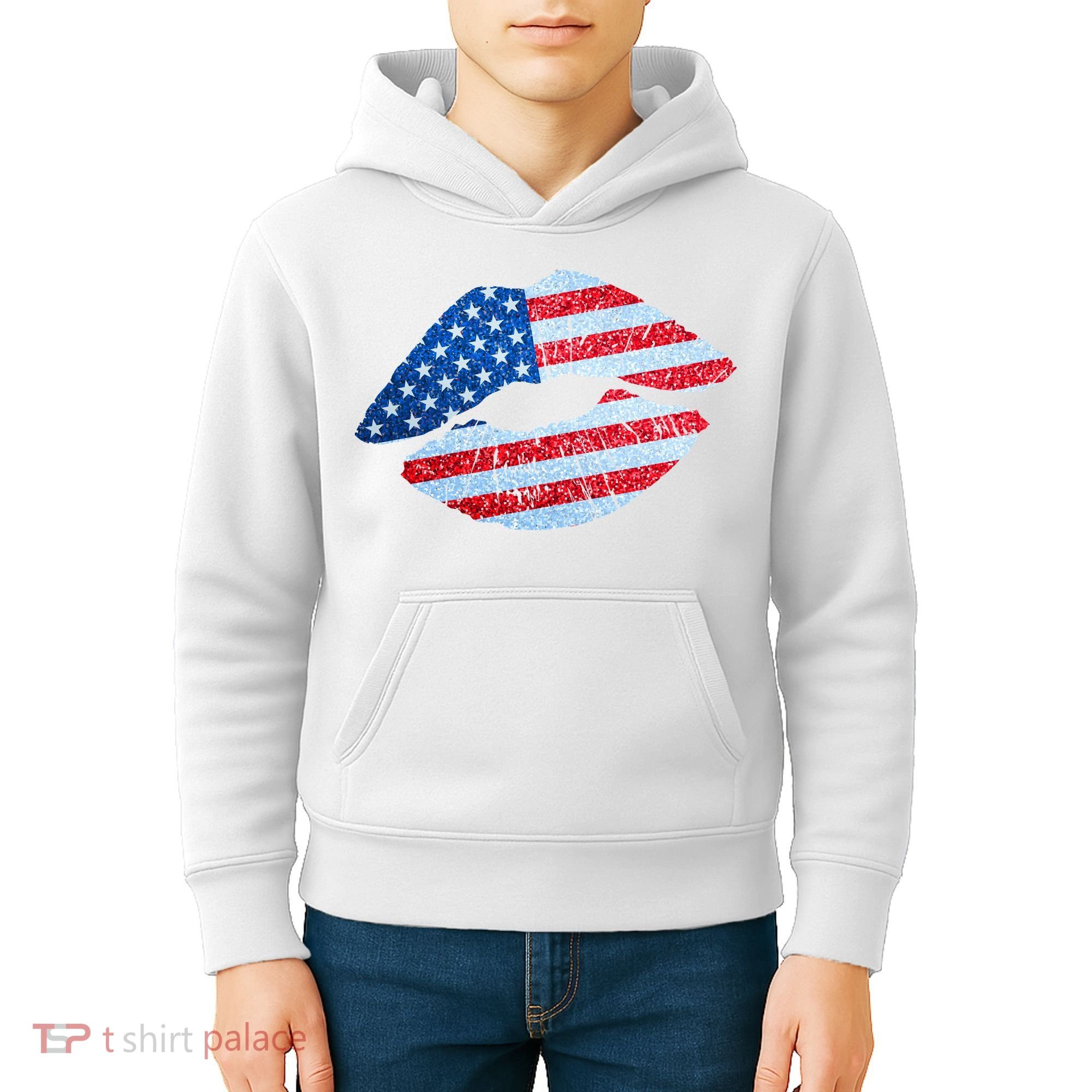 USA American Flag Sparkle Lip Makeup Kids Hoodie