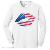 USA American Flag Sparkle Lip Makeup Kids Long Sleeve Shirt thumb 0