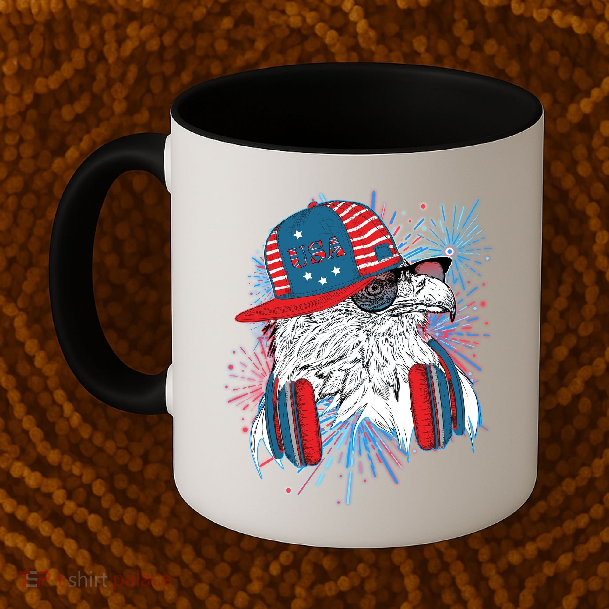 USA American Flag Fireworks Hip Hop Headphones Eagle Coffee Mug