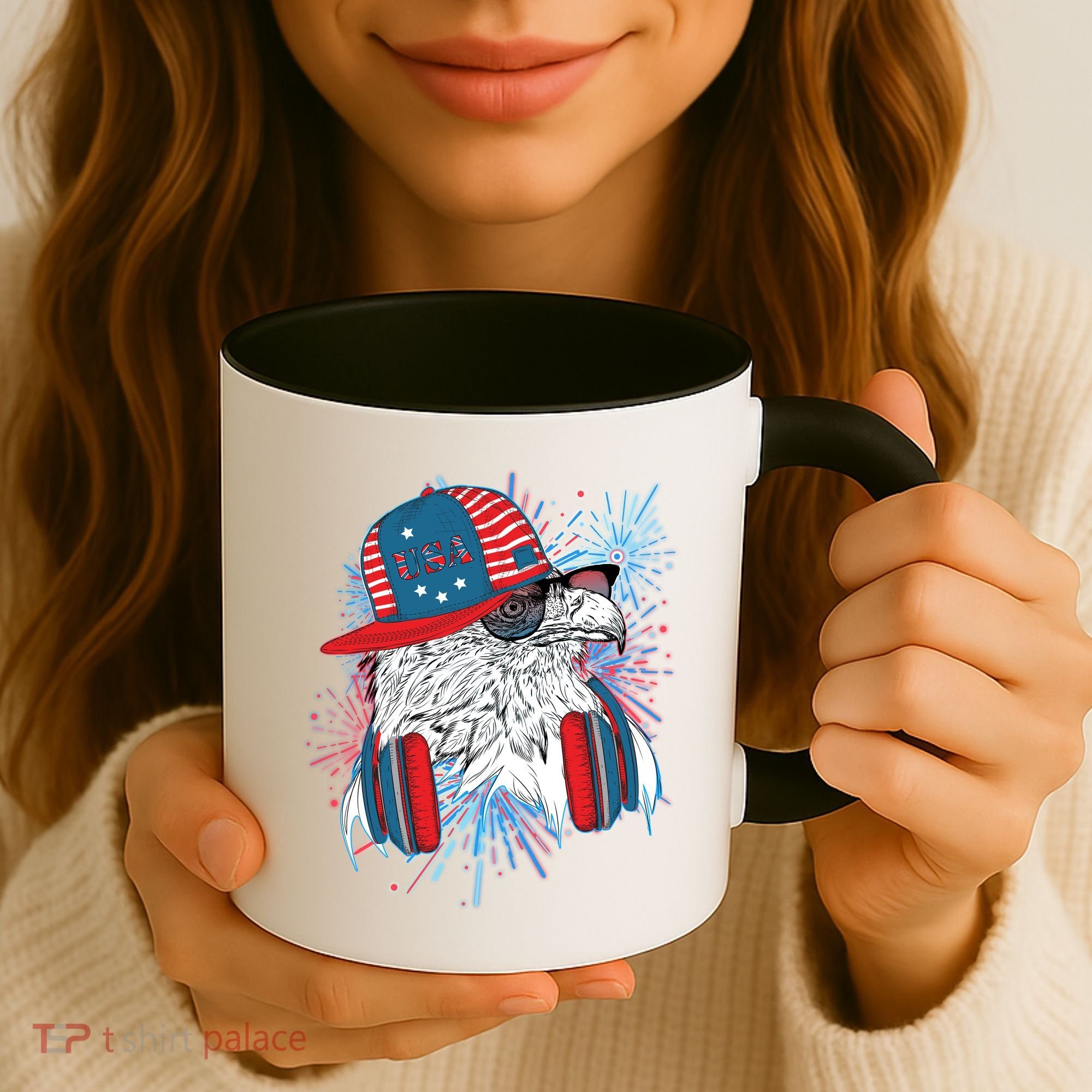 USA American Flag Fireworks Hip Hop Headphones Eagle Coffee Mug
