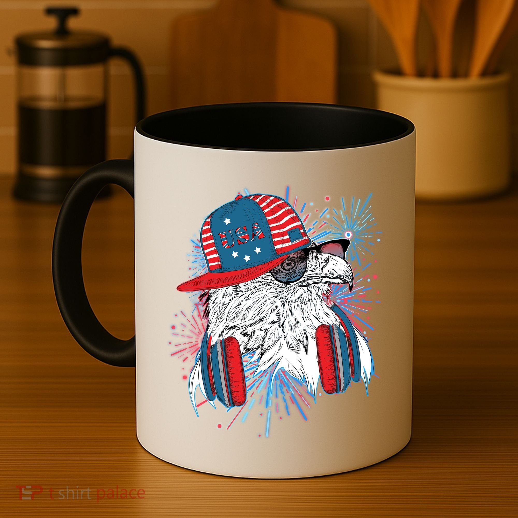 USA American Flag Fireworks Hip Hop Headphones Eagle Coffee Mug