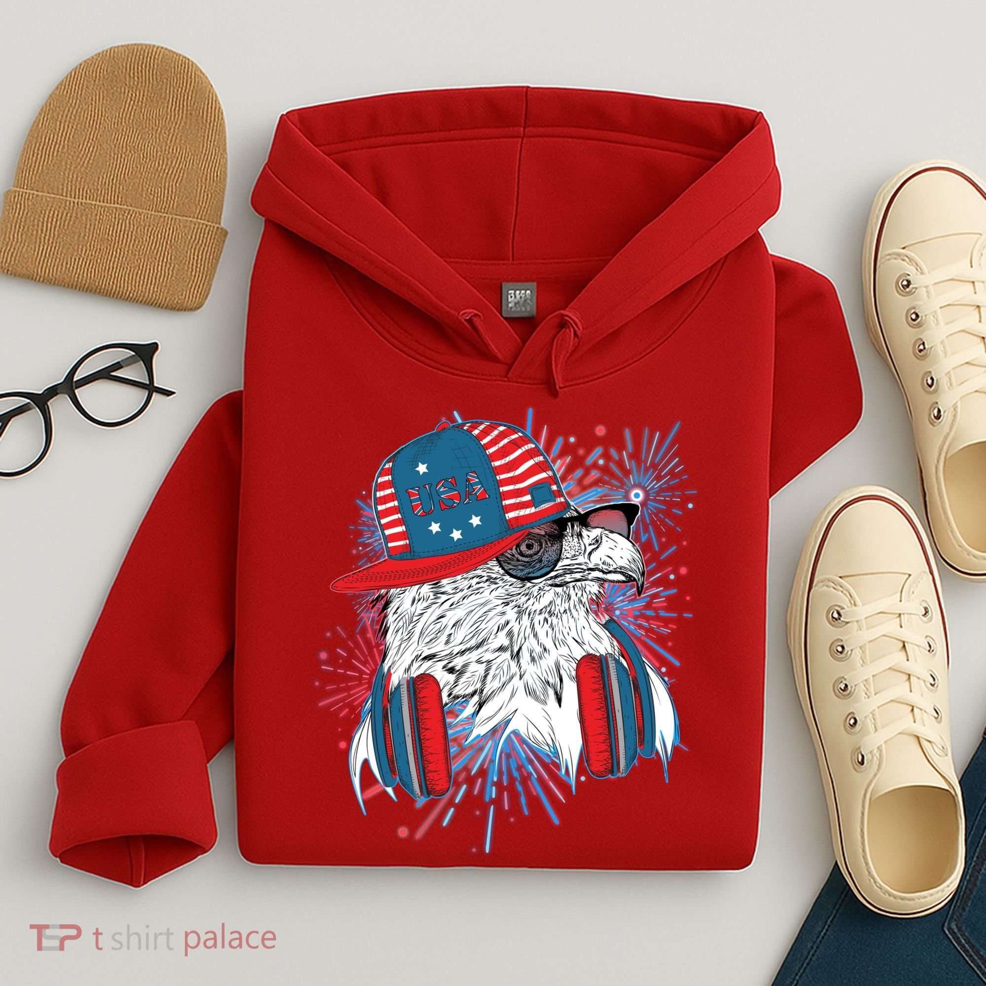 USA American Flag Fireworks Hip Hop Headphones Eagle Hoodie