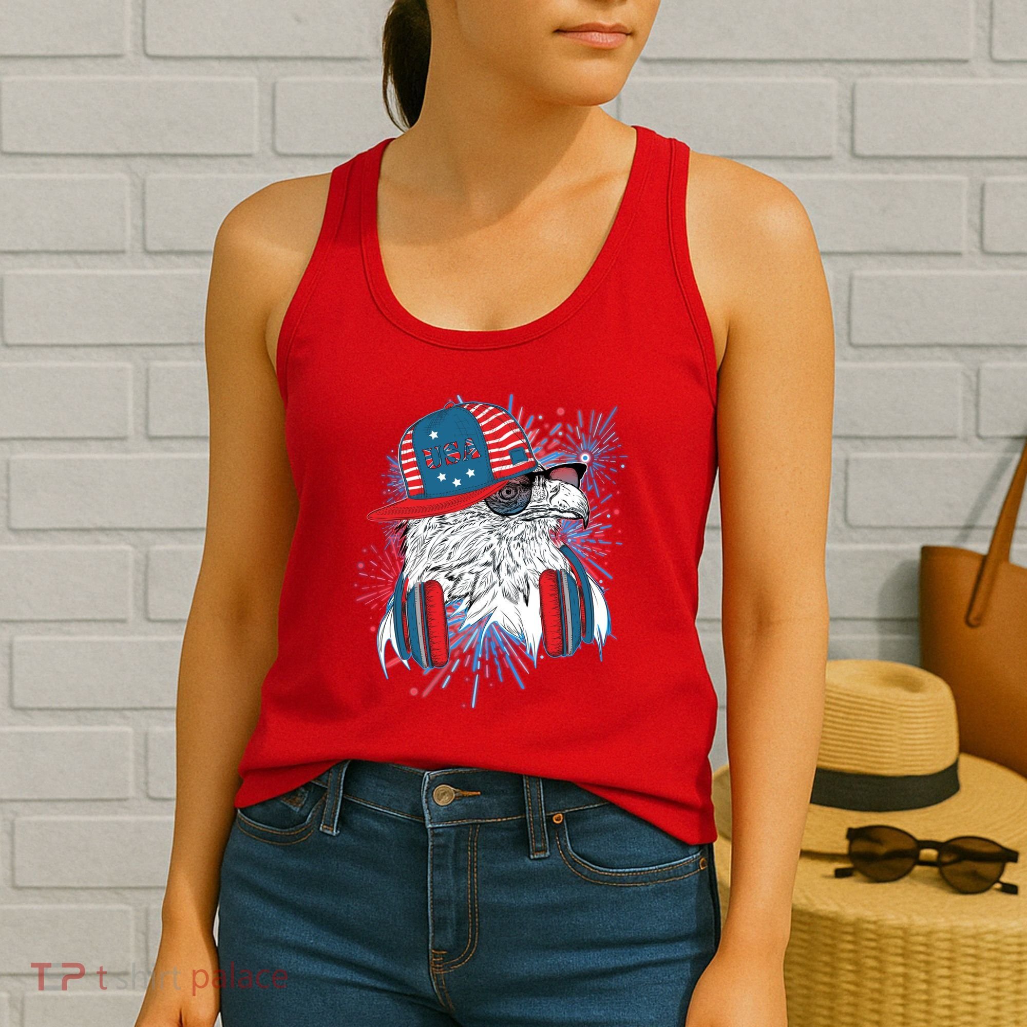 USA American Flag Fireworks Hip Hop Headphones Eagle Women's Tank Top