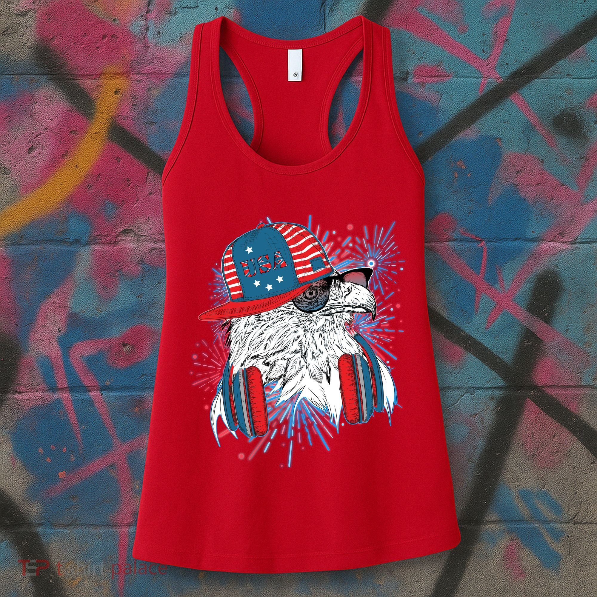 USA American Flag Fireworks Hip Hop Headphones Eagle Women's Tank Top
