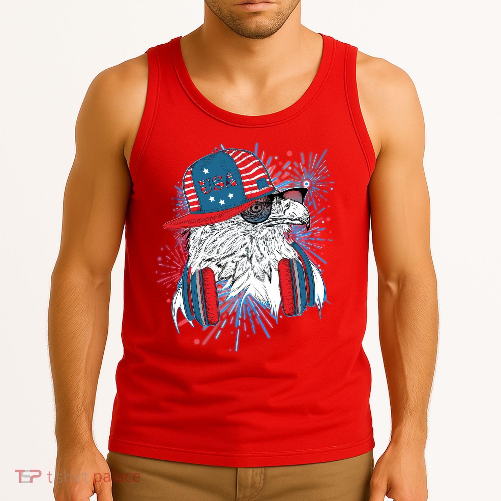 USA American Flag Fireworks Hip Hop Headphones Eagle Tank Top